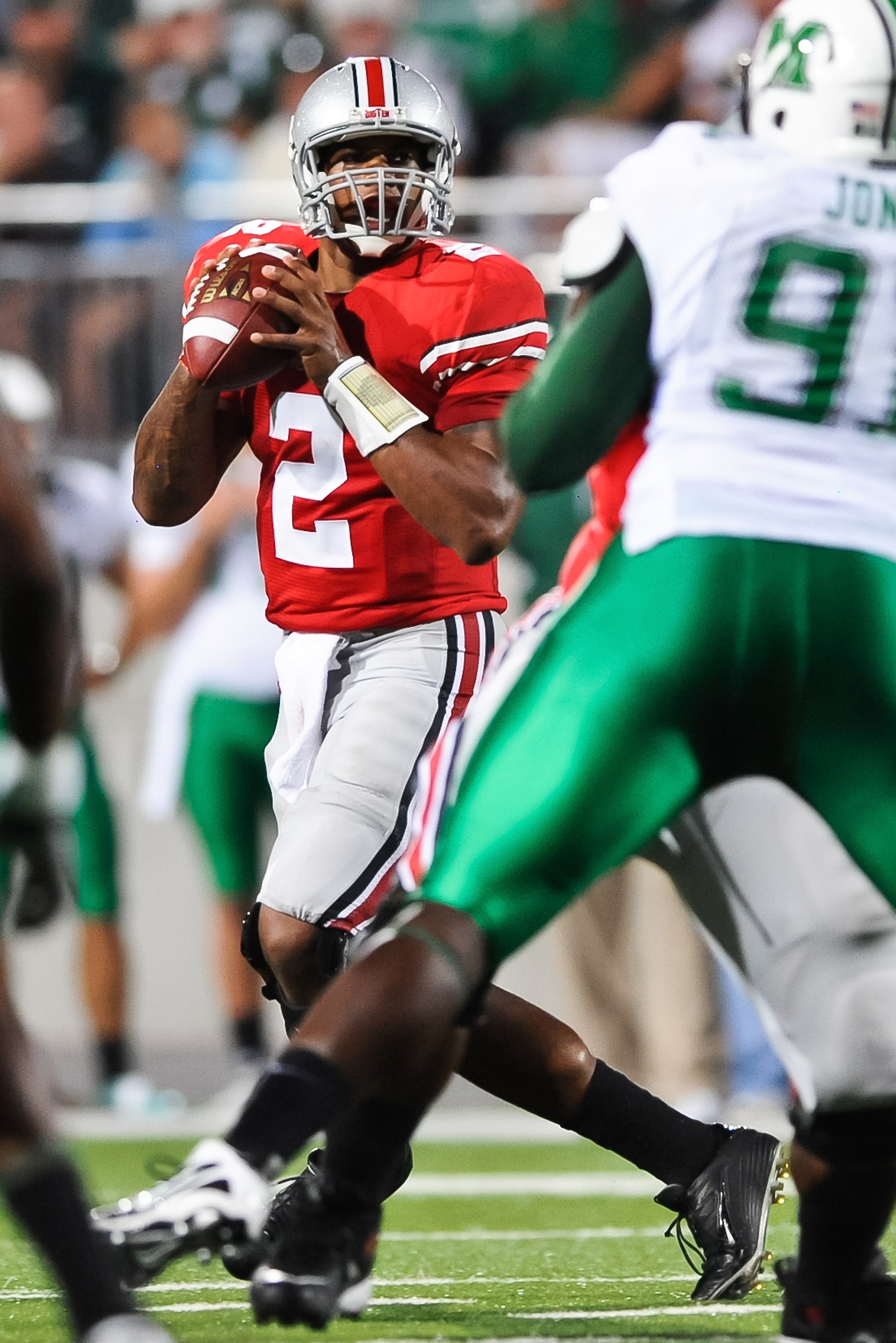 COLUMBUS, OH - SEPTEMBER 2: Terrelle Pryor #2 of the Ohio State Buckeyes drops back in the pocket against the Marshall Thundering Herd at Ohio Stadium on September 2, 2010 in Columbus, Ohio. (Photo by Jamie Sabau/Getty Images)