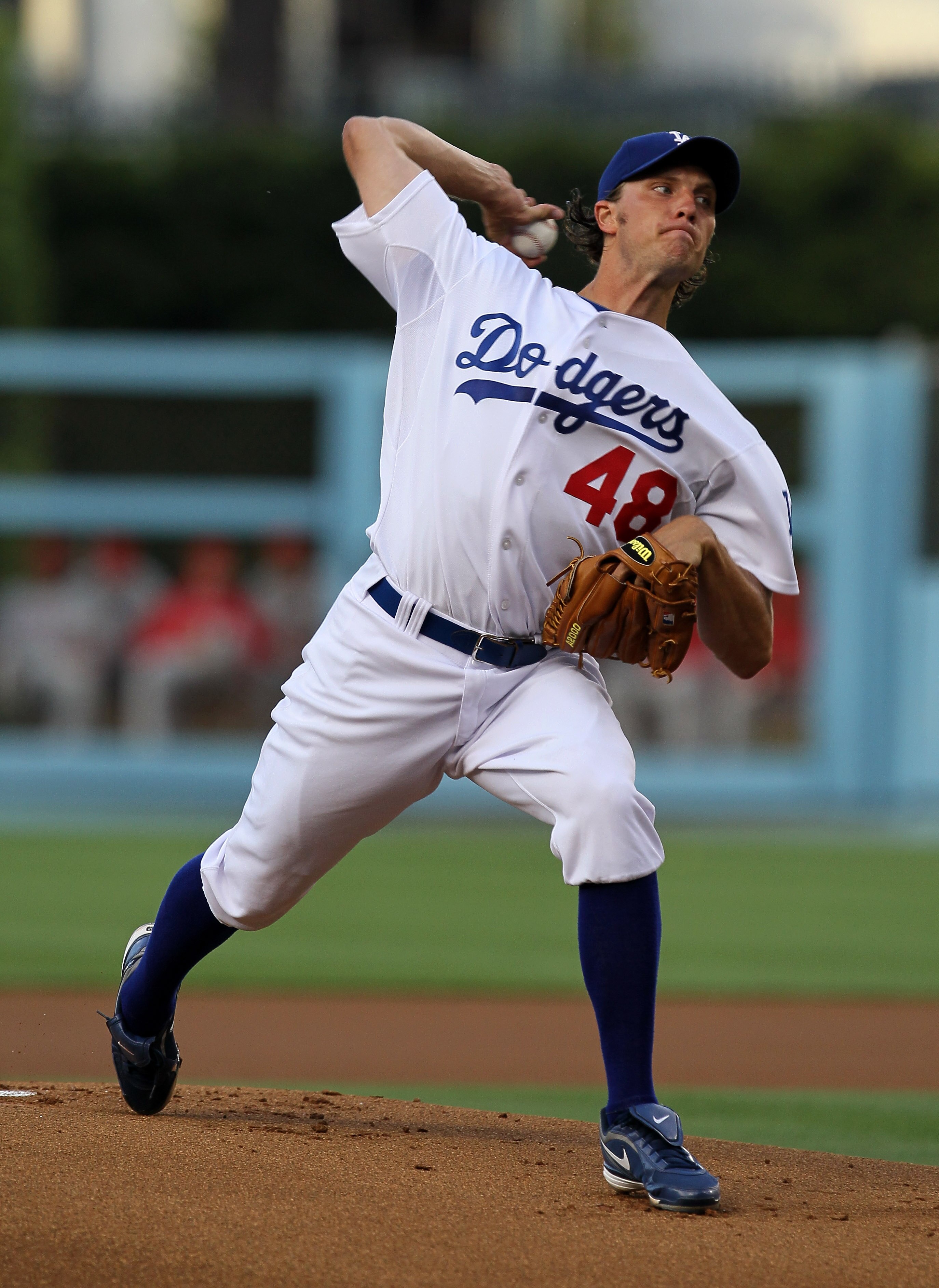 LOS ANGELES, CA - JUNE 12:  John Ely #48 of the Los Angeles Dodgers throws a pitch against the Los Angeles Angels of Anaheim on June 12, 2010 at Dodger Stadium in Los Angeles, California.  (Photo by Stephen Dunn/Getty Images)