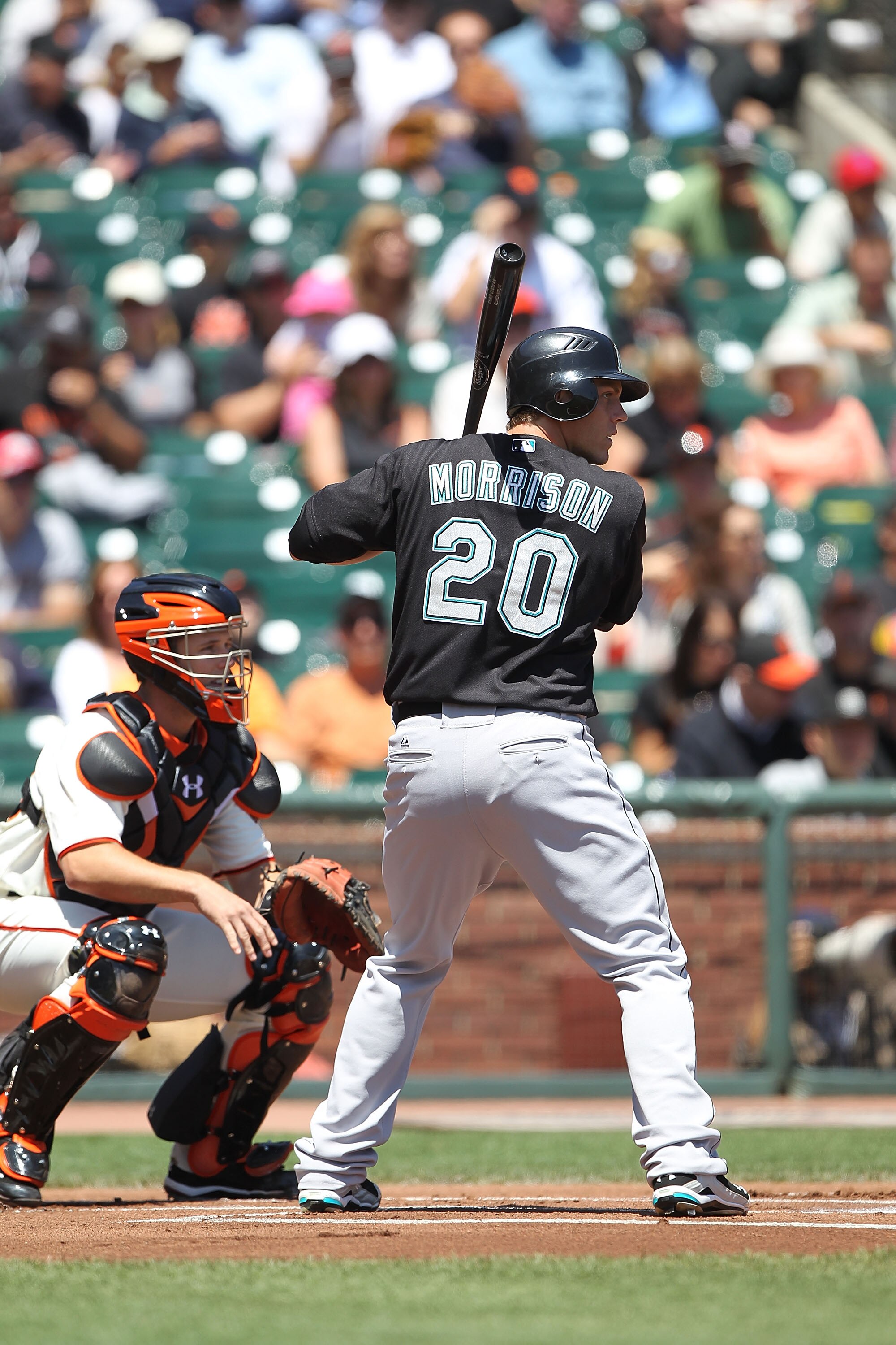 SAN FRANCISCO - JULY 29:  Logan Morrison #20 of the Florida Marlins bats against the San Francisco Giants during an MLB game at AT&T Park on July 29, 2010 in San Francisco, California.  (Photo by Jed Jacobsohn/Getty Images)