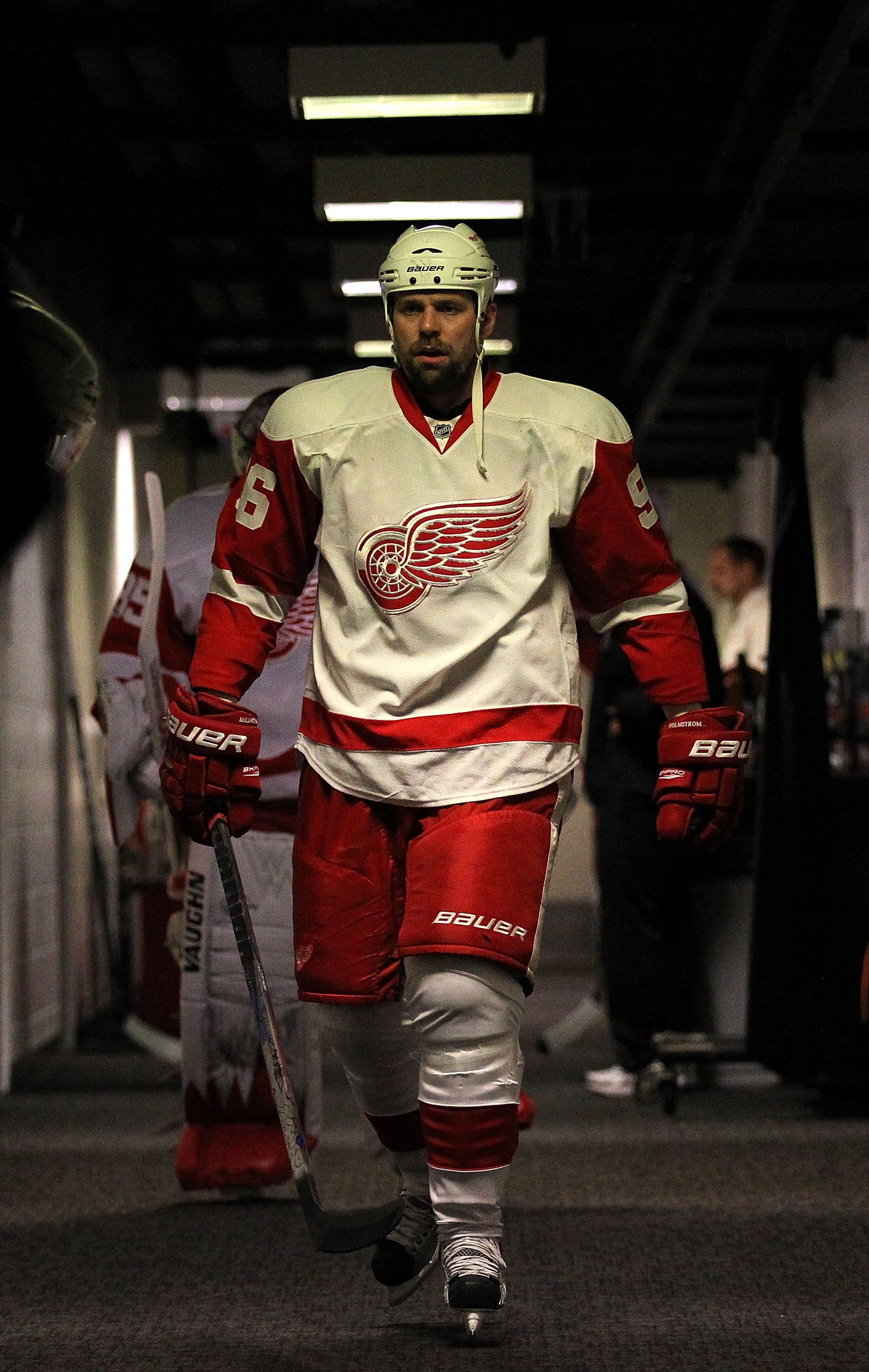 SAN JOSE, CA - MAY 08:  Tomas Holmstrom #96 of the Detroit Red Wings walks to the ice against the San Jose Sharks in Game Five of the Western Conference Semifinals during the 2010 NHL Stanley Cup Playoffs at HP Pavilion on May 8, 2010 in San Jose, Califor