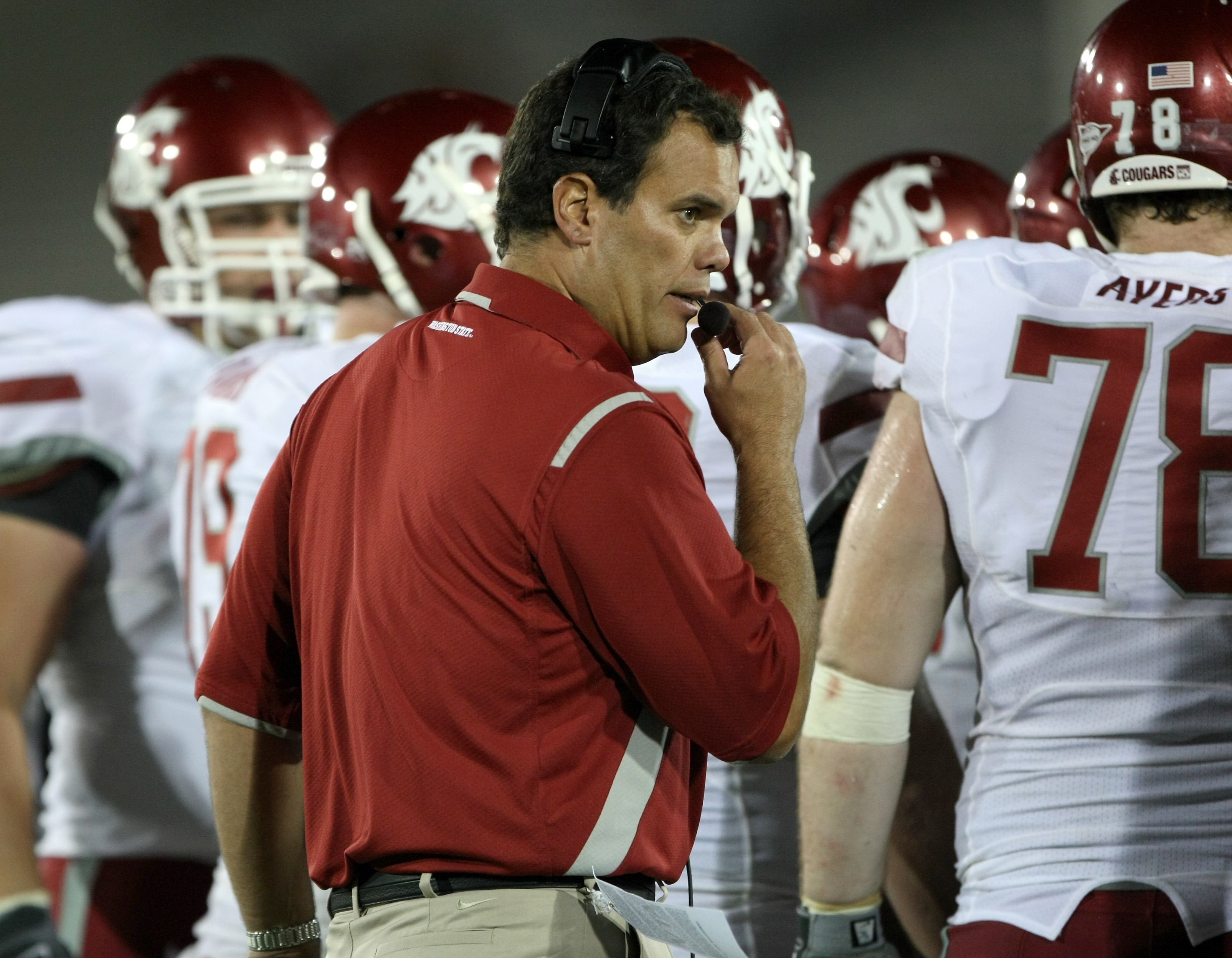 LOS ANGELES, CA - SEPTEMBER 26:  Head coach Paul Wulff of the Washington State Cougars works during the game with the USC Trojans on September 23, 2009 at the Los Angeles Coliseum in Los Angeles, California.  USC won 27-6.  (Photo by Stephen Dunn/Getty Im