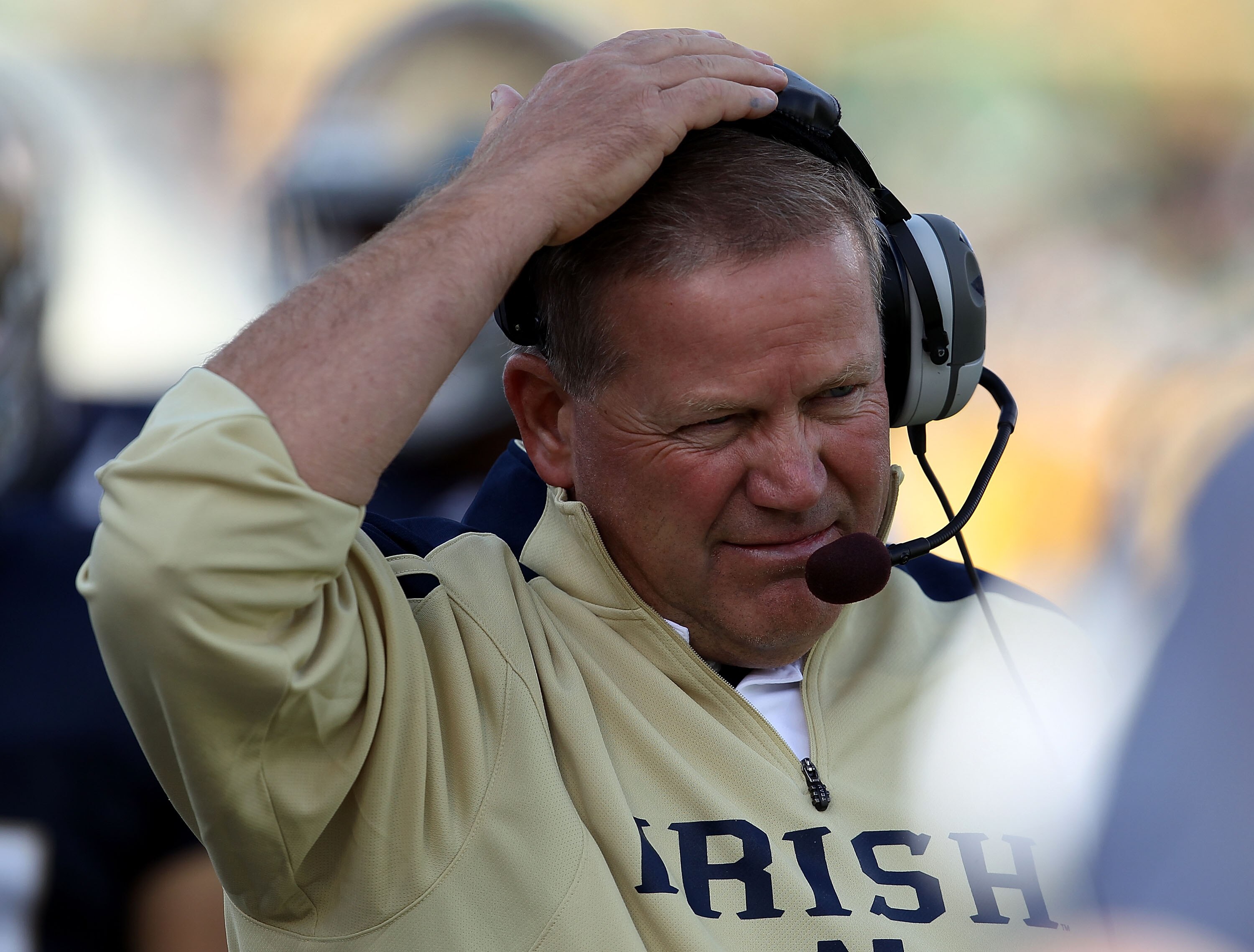 SOUTH BEND, IN - SEPTEMBER 04: Head coach Brian Kelly of the Notre Dame Fighting Irish watches as his team takes on the Purdue Boilermakers at Notre Dame Stadium on September 4, 2010 in South Bend, Indiana. (Photo by Jonathan Daniel/Getty Images)