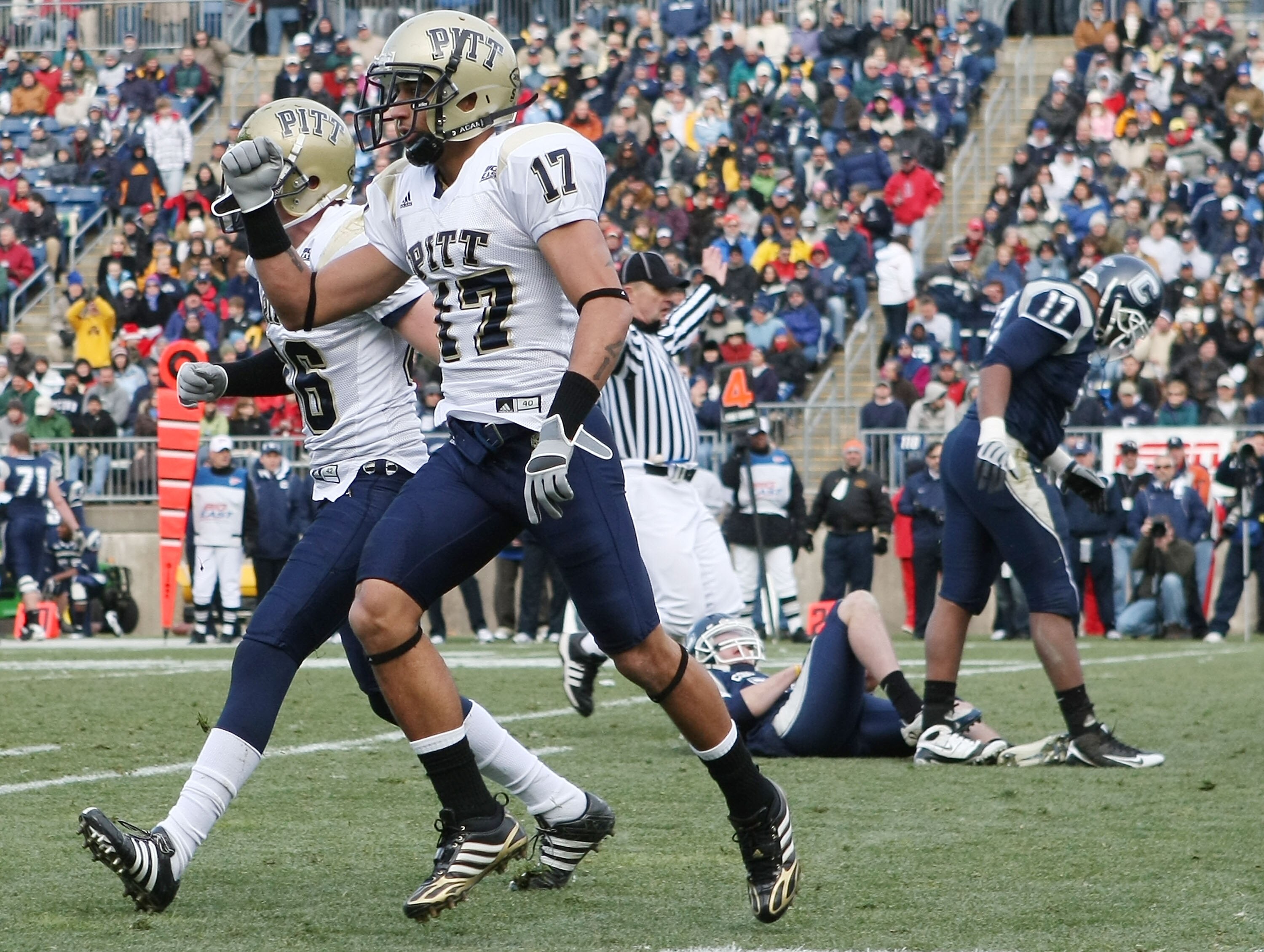 EAST HARTFORD, CT - DECEMBER 06:  Aaron Berry #17 of the Pittsburgh Panthers celebrates after they blocked a punt by the Connecticut Huskies in the first half on December 6, 2008 at Rentschler Field in East Hartford, Connecticut.  (Photo by Elsa/Getty Ima