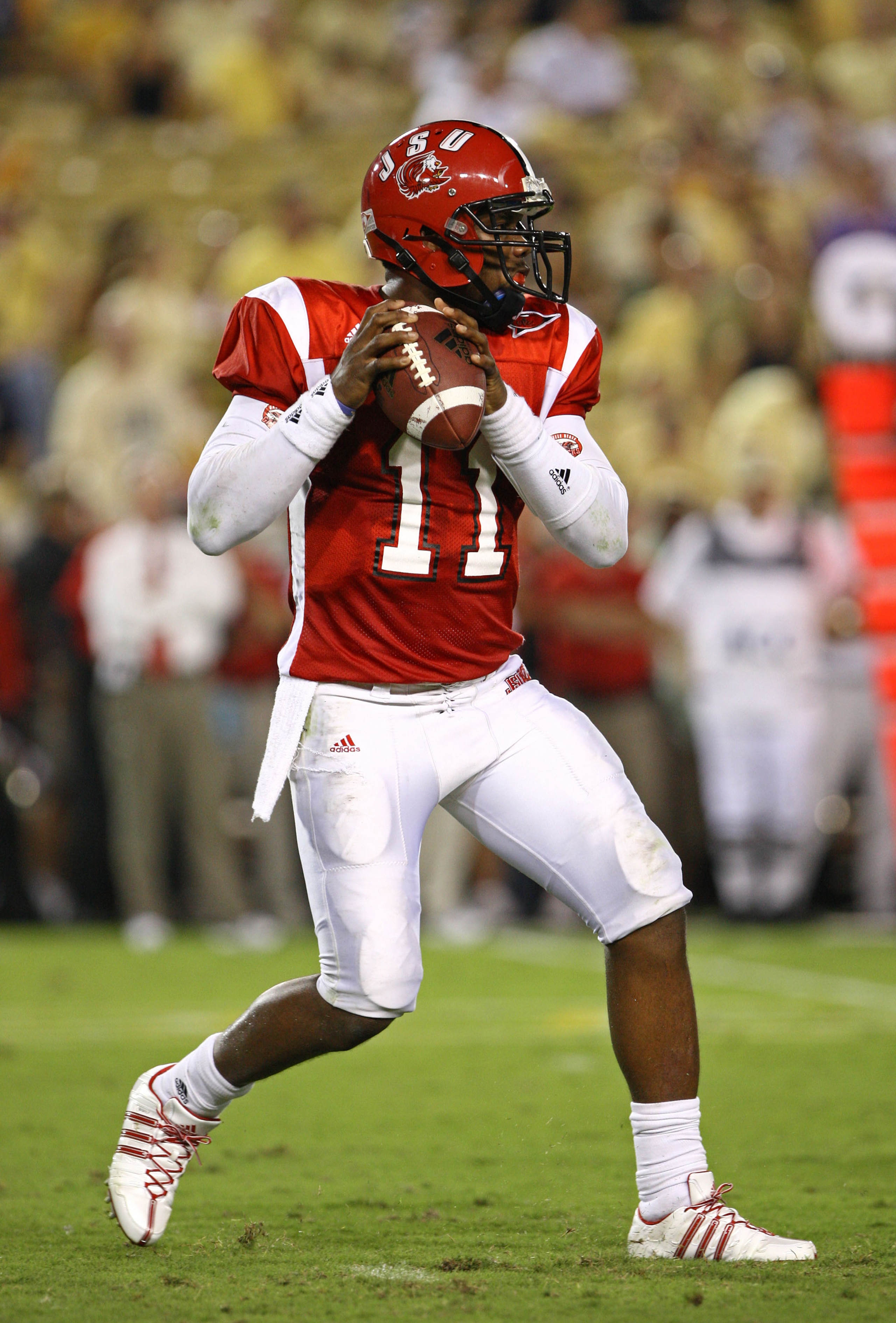 ATLANTA - AUGUST 28:  Quarterback Ryan Perrilloux #11 of the Jacksonville State Gamecocks drops back to pass during the game against the Georgia Tech Yellow Jackets at Bobby Dodd Stadium at Historic Grant Field on August 28, 2008 in Atlanta, Georgia.  The