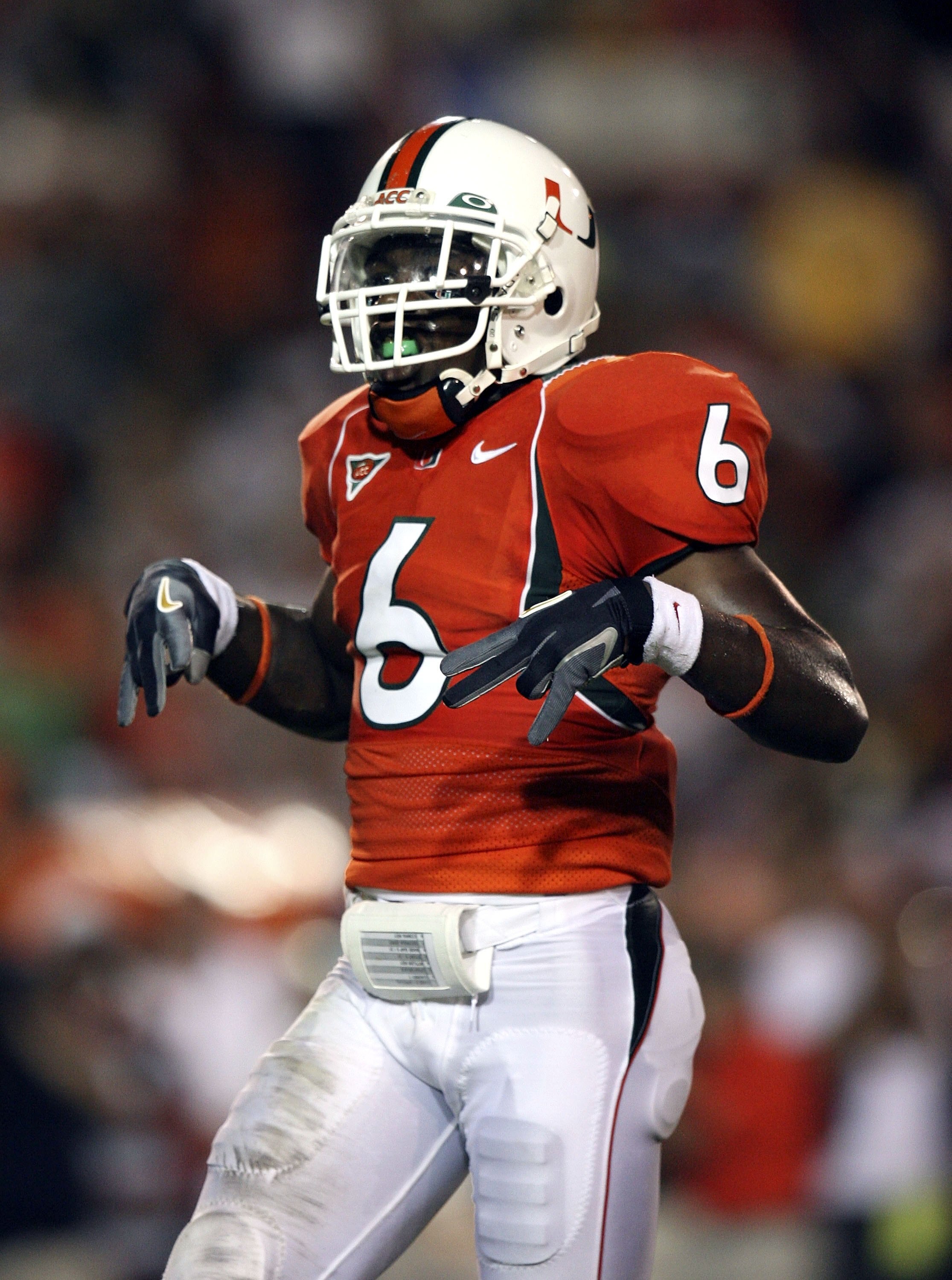 MIAMI - SEPTEMBER 04:  Cornerback Randy Phillips #6 of the University of Miami Hurricanes celebrates after making a play against the Florida State Seminoles at the Orange Bowl Stadium on September 4, 2006 in Miami, Florida.  (Photo by Doug Benc/Getty Imag