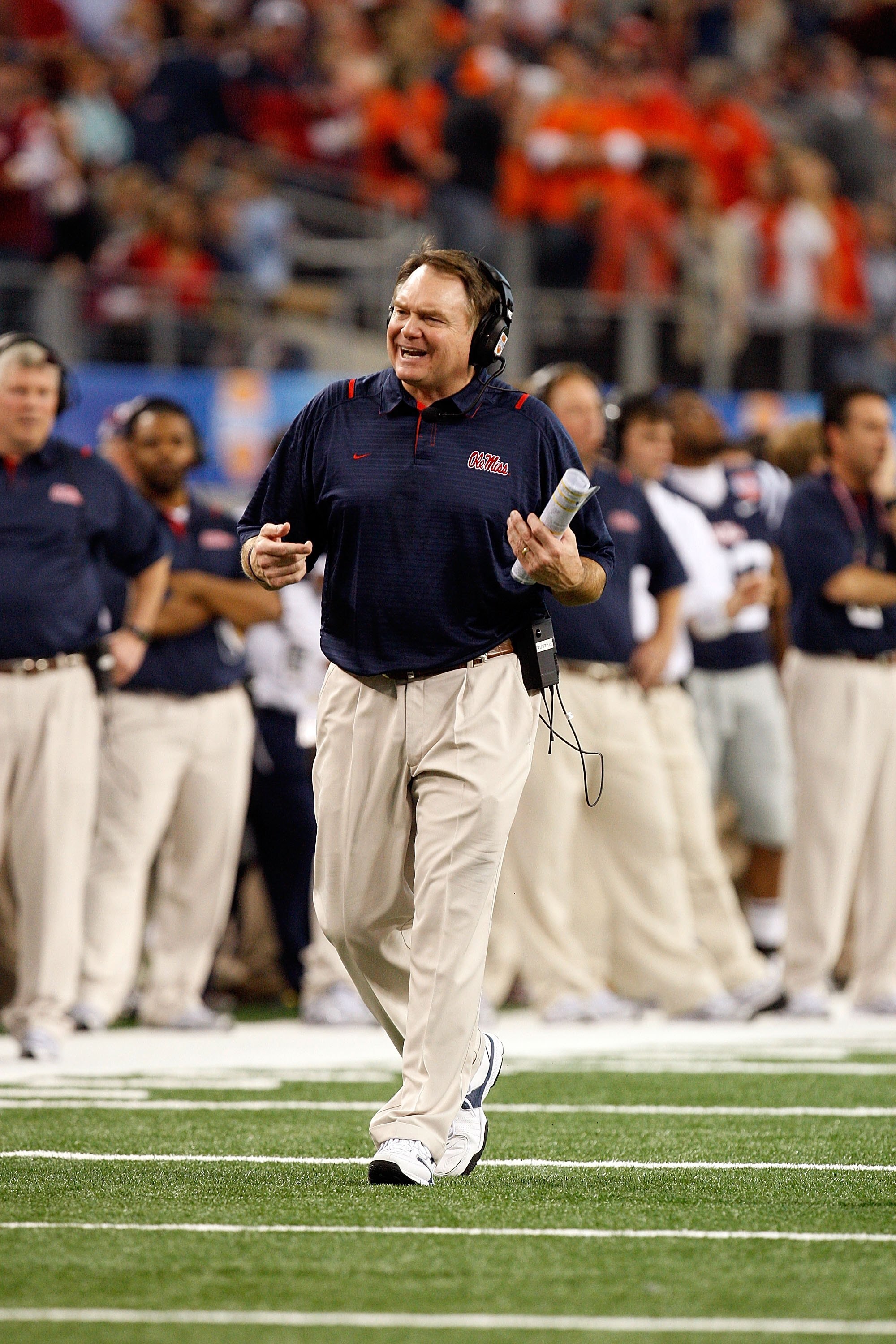 ARLINGTON, TX - JANUARY 02:  Head coach Houston Nutt of the Mississippi Rebels during the AT&T Cotton Bowl on January 2, 2010 at Cowboys Stadium in Arlington, Texas.  (Photo by Ronald Martinez/Getty Images)