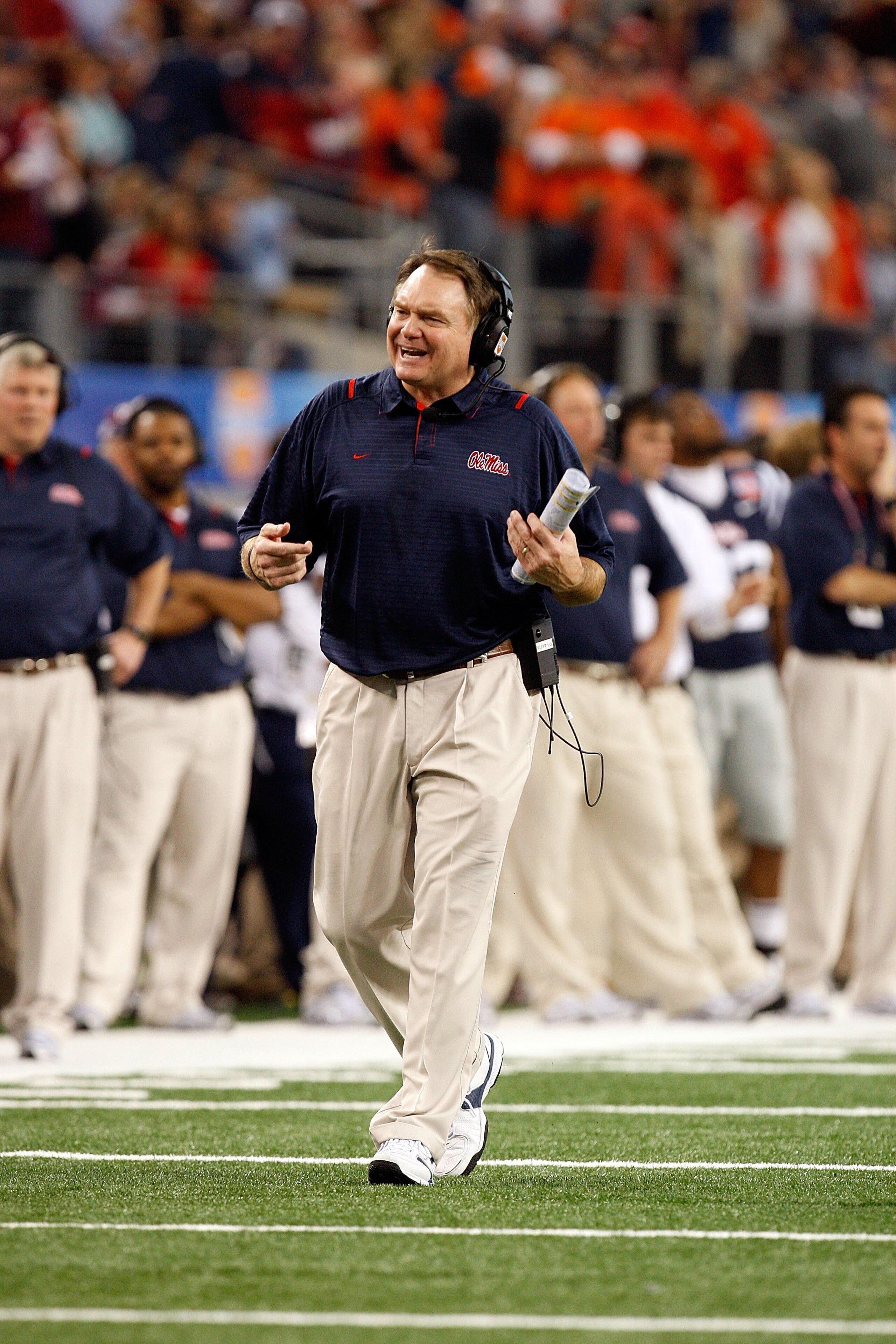 ARLINGTON, TX - JANUARY 02: Head coach Houston Nutt of the Mississippi Rebels during the AT&T Cotton Bowl on January 2, 2010 at Cowboys Stadium in Arlington, Texas. (Photo by Ronald Martinez/Getty Images) ARLINGTON, TX - JANUARY 02: Head coach Houston Nutt of the Mississippi Rebels during the AT&T Cotton Bowl on January 2, 2010 at Cowboys Stadium in Arlington, Texas. (Photo by Ronald Martinez/Getty Images)