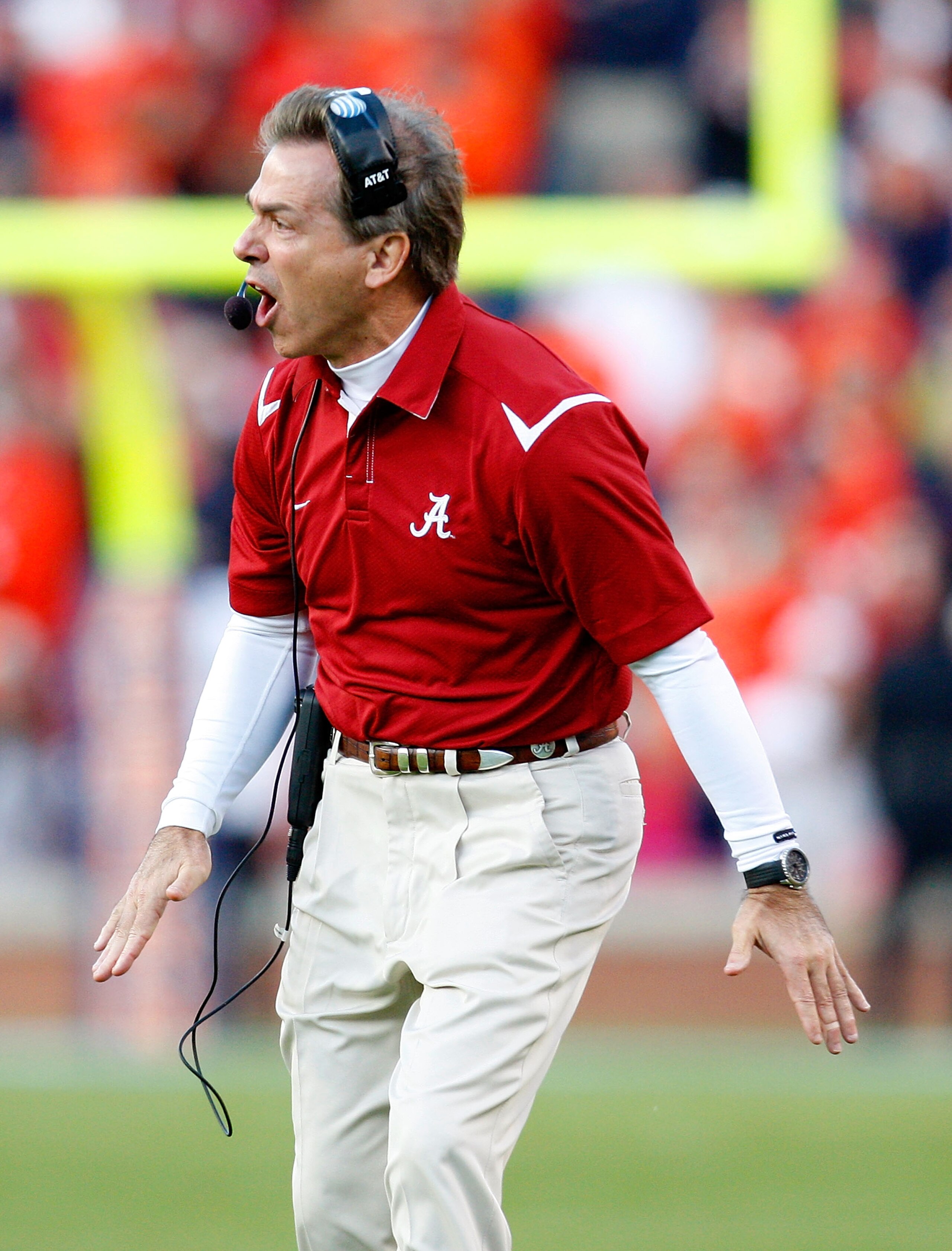 AUBURN, AL - NOVEMBER 27: Head coach Nick Saban of the Alabama Crimson Tide yells to his offense during the game against the Auburn Tigers at Jordan-Hare Stadium on November 27, 2009 in Auburn, Alabama. (Photo by Kevin C. Cox/Getty Images) AUBURN, AL - NOVEMBER 27: Head coach Nick Saban of the Alabama Crimson Tide yells to his offense during the game against the Auburn Tigers at Jordan-Hare Stadium on November 27, 2009 in Auburn, Alabama. (Photo by Kevin C. Cox/Getty Images)