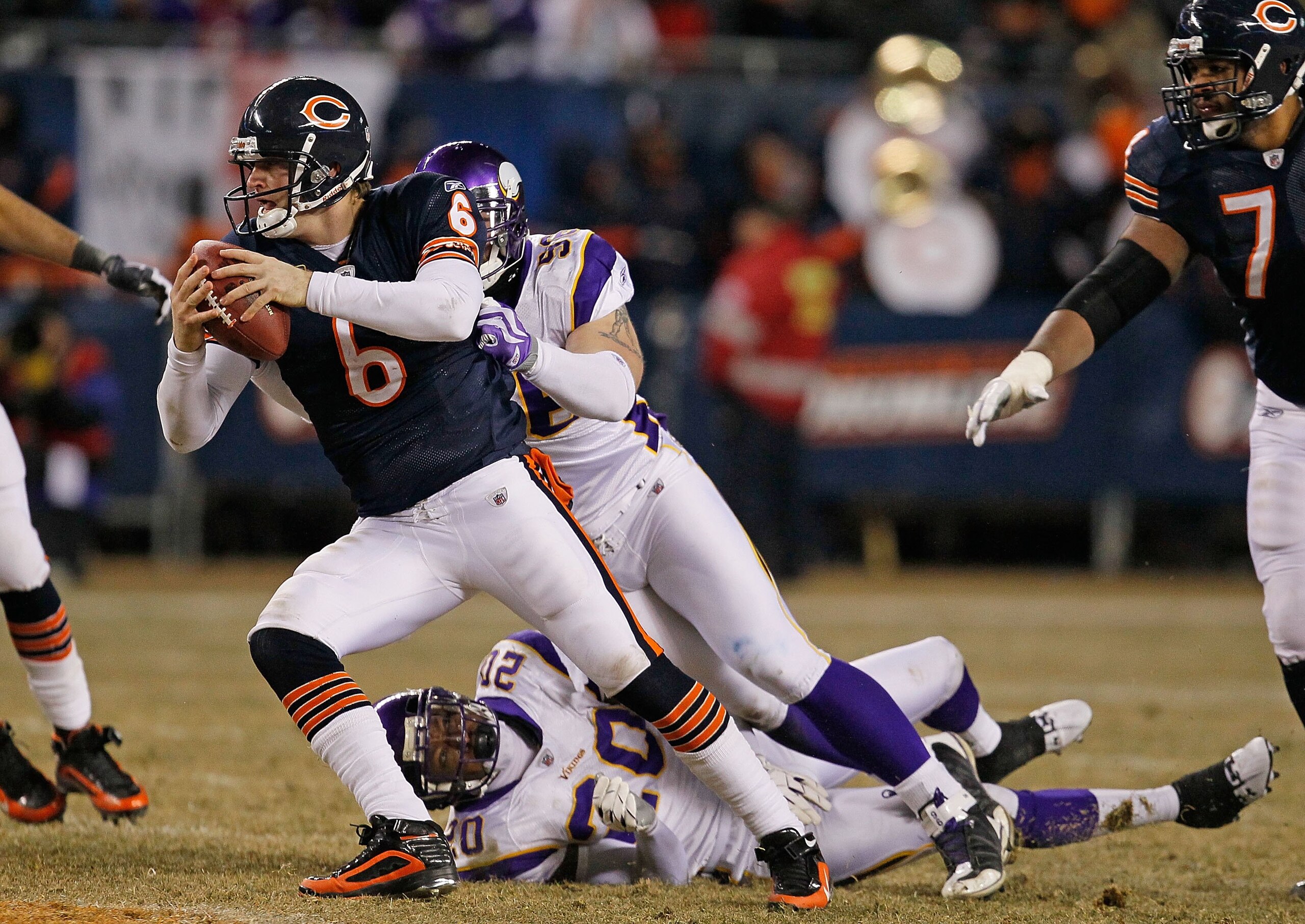 CHICAGO - DECEMBER 28: Jay Cutler #6 of the Chicago Bears is sacked by Brian Robison #96 of the Minnesota Vikings at Soldier Field on December 28, 2009 in Chicago, Illinois. The Bears defeated the Vikings 36-30 in overtime. (Photo by Jonathan Daniel/Getty
