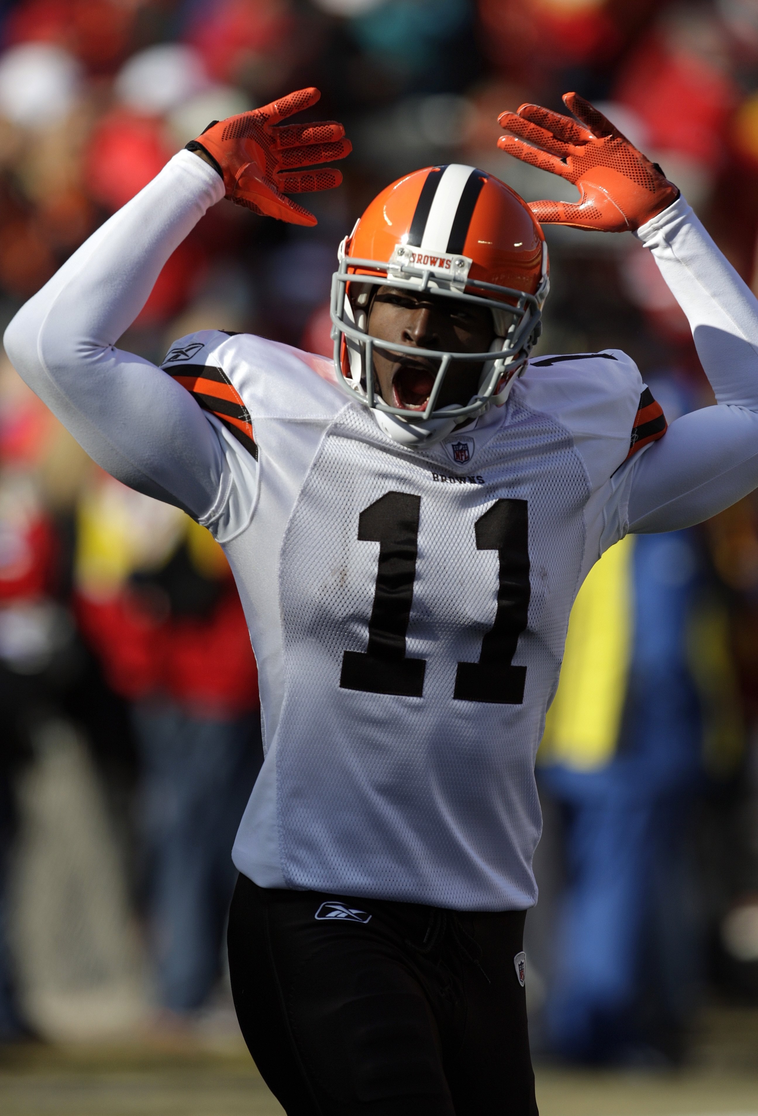 KANSAS CITY, MO - DECEMBER 20:  Mohamed Massaquoi #11 of the Cleveland Browns reacts during their NFL game against the Kansas City Chiefs on December 20, 2009 at Arrowhead Stadium in Kansas City, Missouri. The Browns defeated the Chiefs 41-34. (Photo by J
