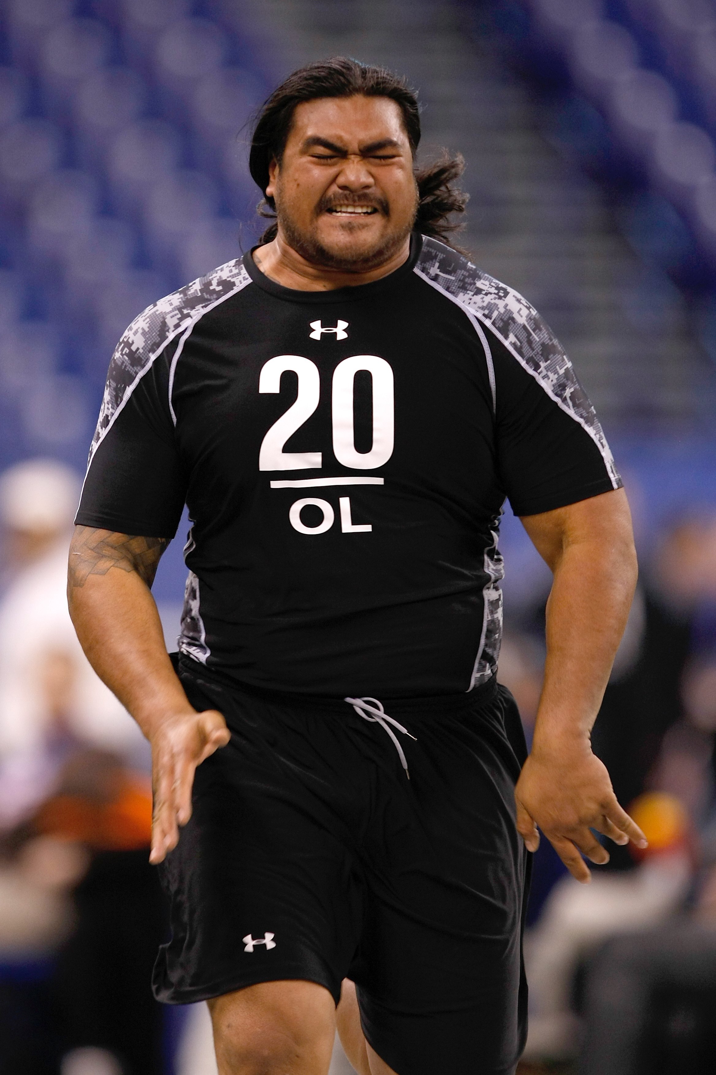 INDIANAPOLIS, IN - FEBRUARY 27: Offensive lineman Mike Iupati of Idaho runs the 40 yard dash during the NFL Scouting Combine presented by Under Armour at Lucas Oil Stadium on February 27, 2010 in Indianapolis, Indiana. (Photo by Scott Boehm/Getty Images)