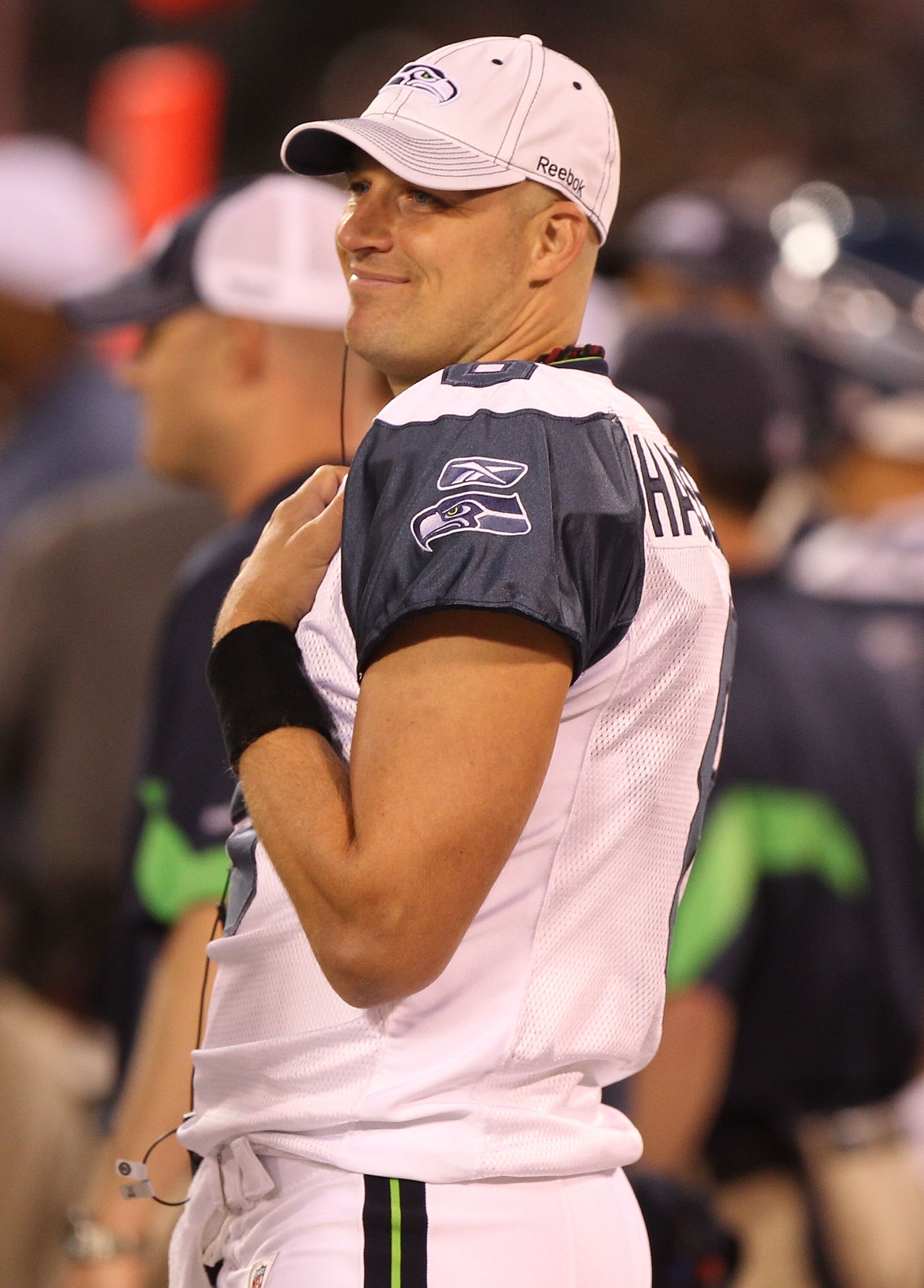 OAKLAND, CA - SEPTEMBER 02:  Matt Hasselbeck #8 of the Seattle Seahawks looks on against the Oakland Raiders during an NFL preseason game at Oakland-Alameda County Coliseum on September 2, 2010 in Oakland, California.  (Photo by Jed Jacobsohn/Getty Images
