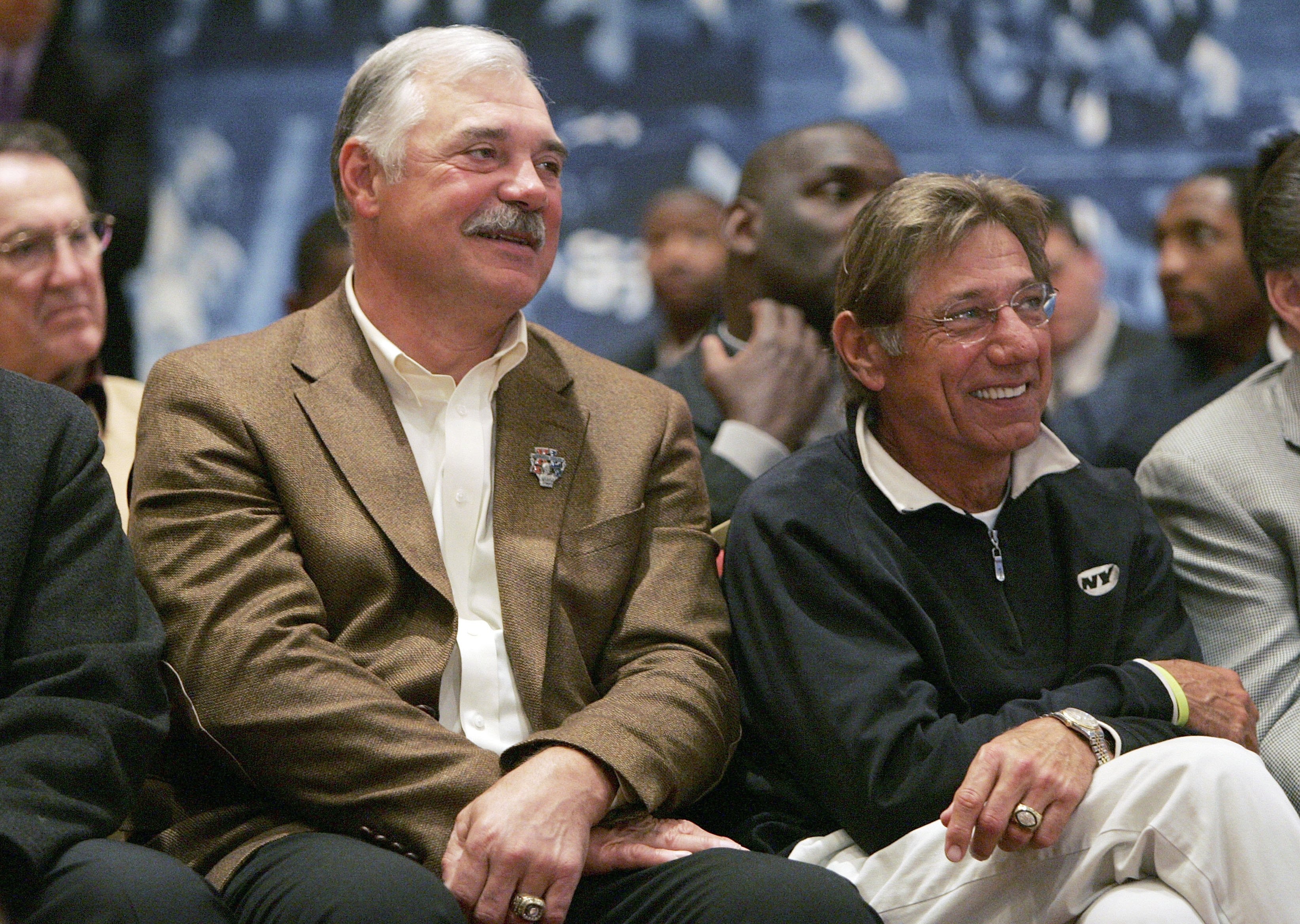 DETROIT - FEBRUARY 03:  Super Bowl MVPs Larry Csonka and Joe Namath attend the NFL Commissioner Paul Tagliabue's press conference on Feburary 3,2006 at the Renaissance Center in Detroit, Michigan .  (Photo by Andy Lyons/Getty Images)