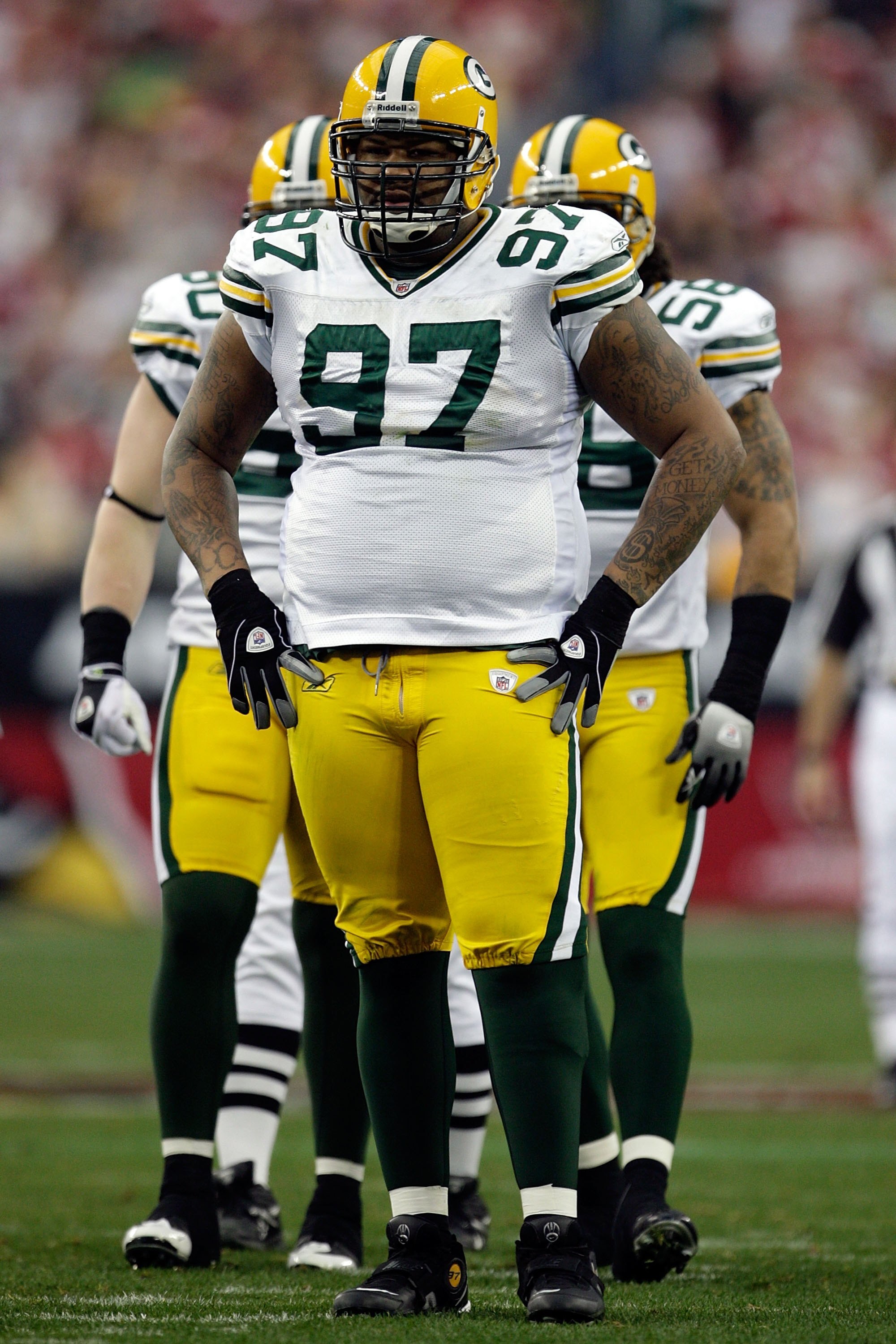 GLENDALE, AZ - JANUARY 03:  Johnny Jolly #97 of the Green Bay Packers looks on from the field against the Arizona Cardinals at University of Phoenix Stadium on January 3, 2010 in Glendale, Arizona.  (Photo by Jamie Squire/Getty Images)
