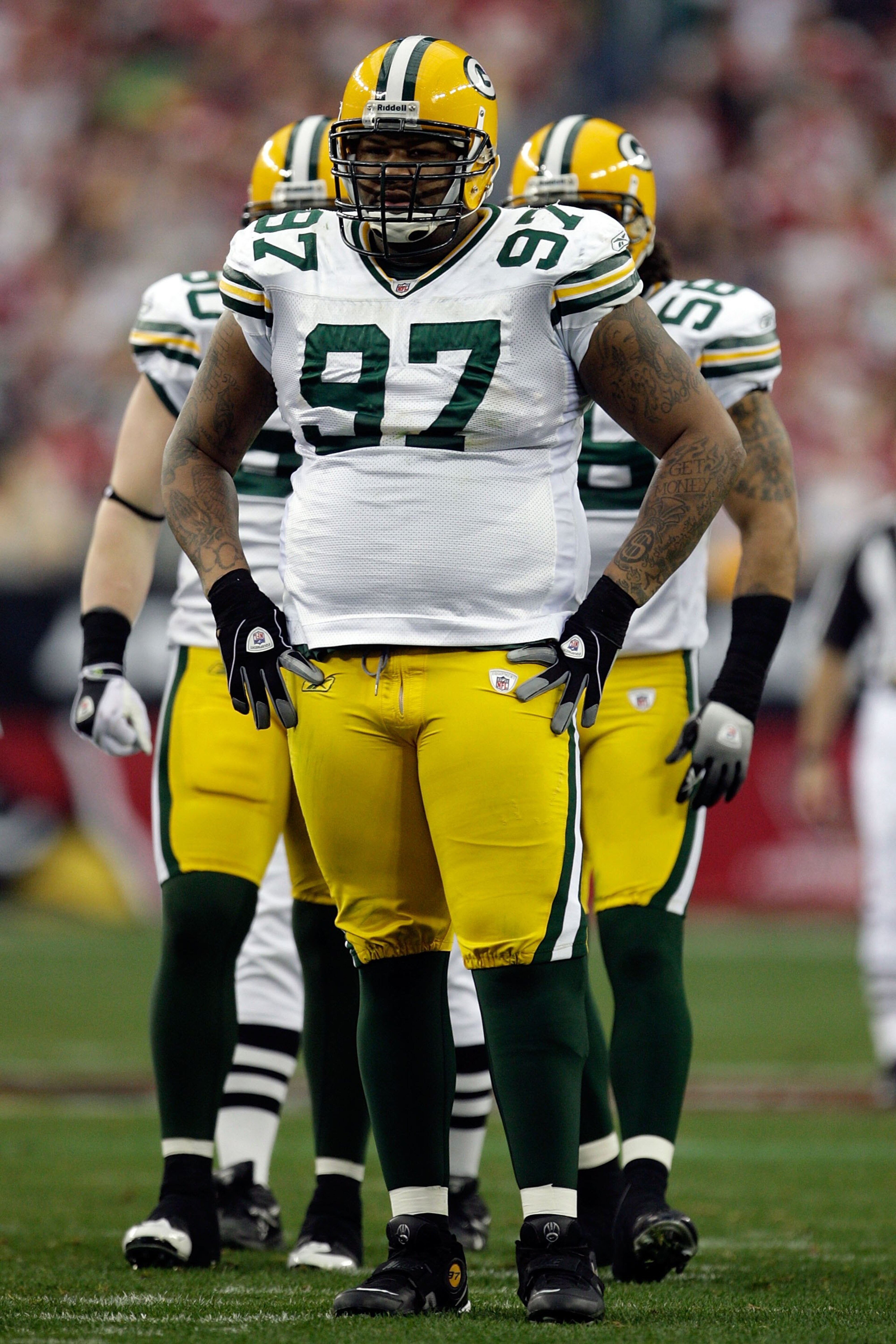 GLENDALE, AZ - JANUARY 03:  Johnny Jolly #97 of the Green Bay Packers looks on from the field against the Arizona Cardinals at University of Phoenix Stadium on January 3, 2010 in Glendale, Arizona.  (Photo by Jamie Squire/Getty Images)