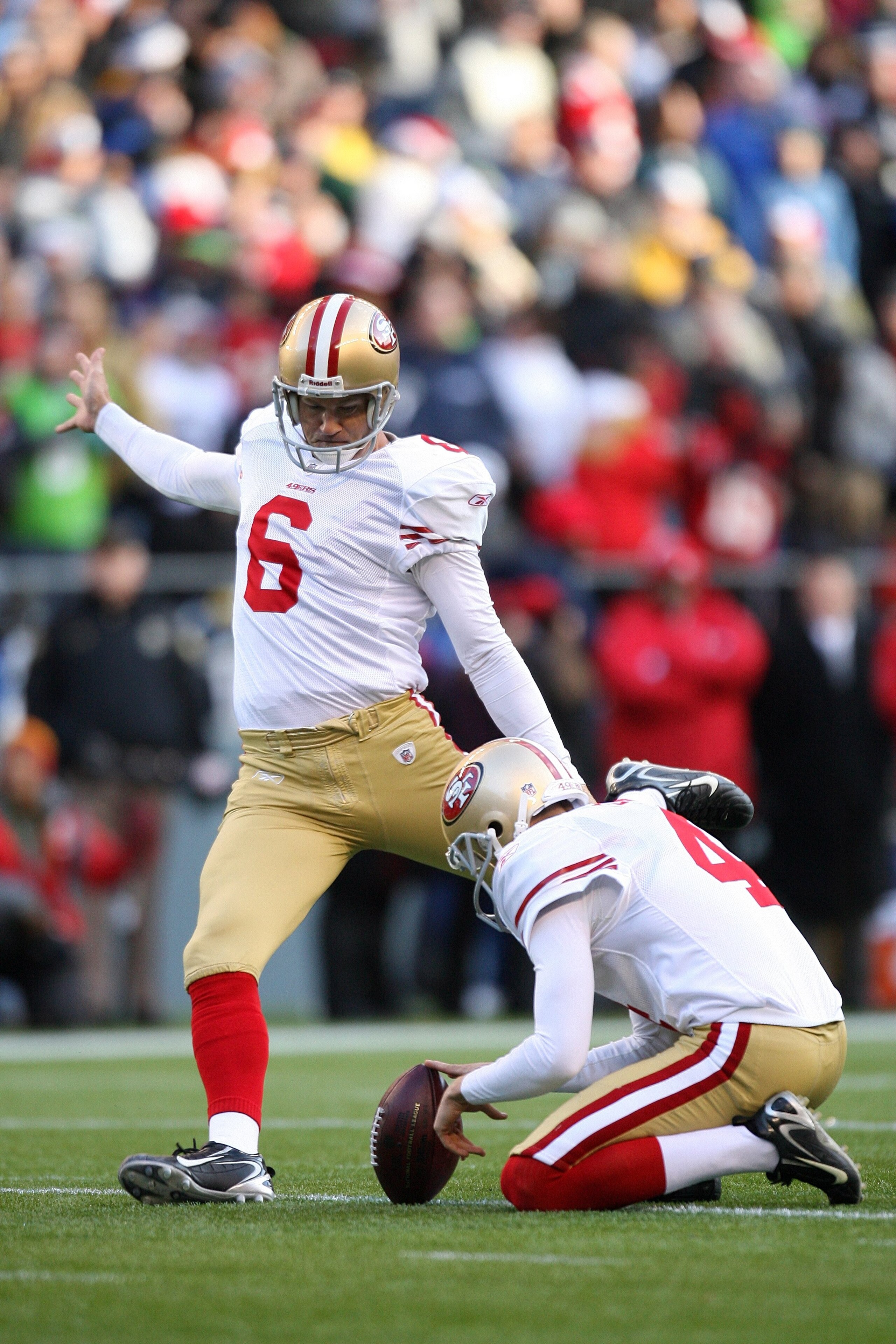 SEATTLE - DECEMBER 6:  Place kicker Joe Nedney #6 of the San Francisco 49ers attempts a field goal during their NFL game against the Seattle Seahawks on December 6, 2009 at Qwest Field in Seattle, Washington. The Seahawks defeated the 49ers 20-17. (Photo