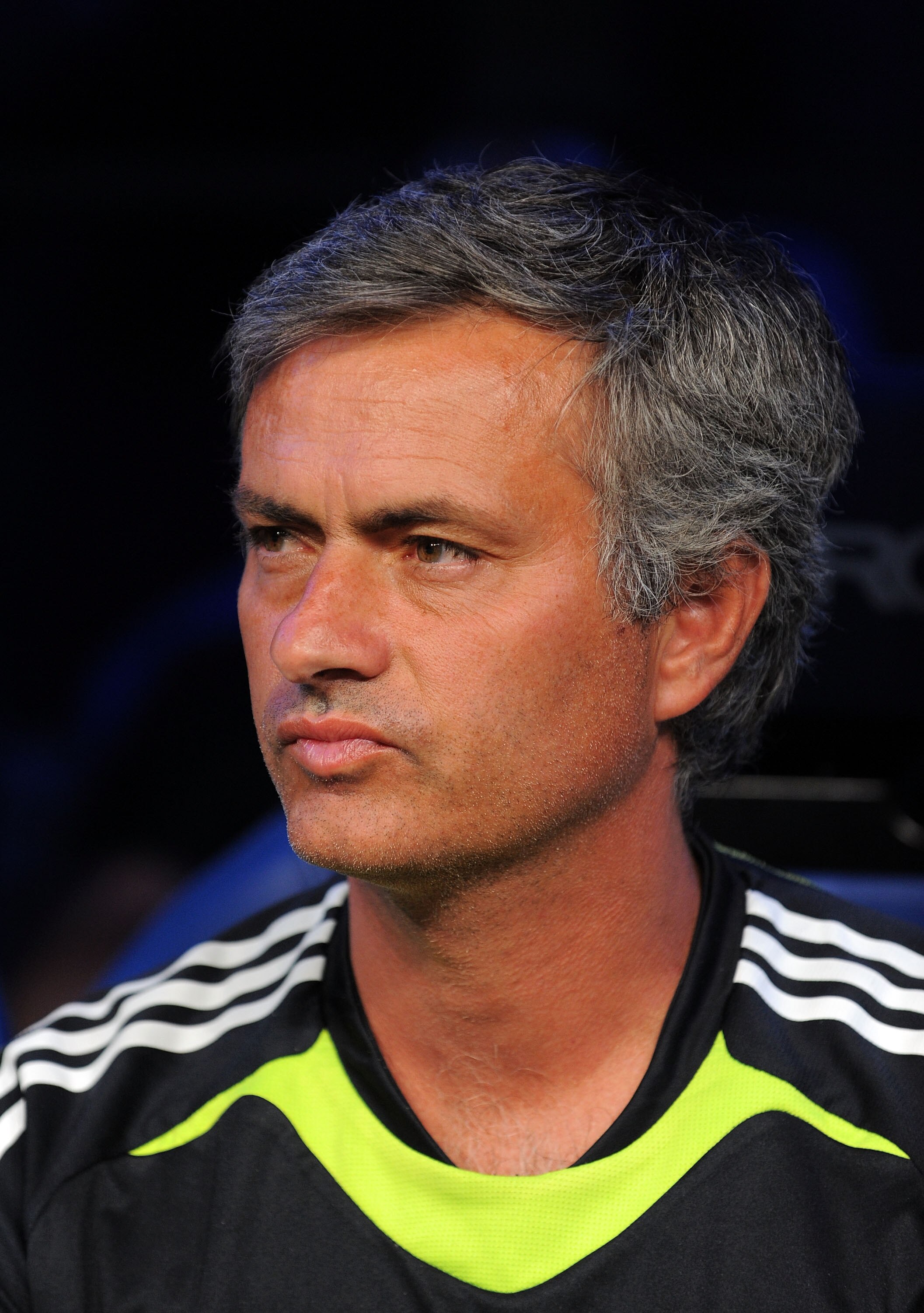 MADRID, SPAIN - AUGUST 24:  Real Madrid manager Jose Mourinho looks out from the dug-out before the start of the Santiago Bernabeu Trophy match between Real Madrid and Penarol at the Santiago Bernabeu stadium on August 24, 2010 in Madrid, Spain.  (Photo b
