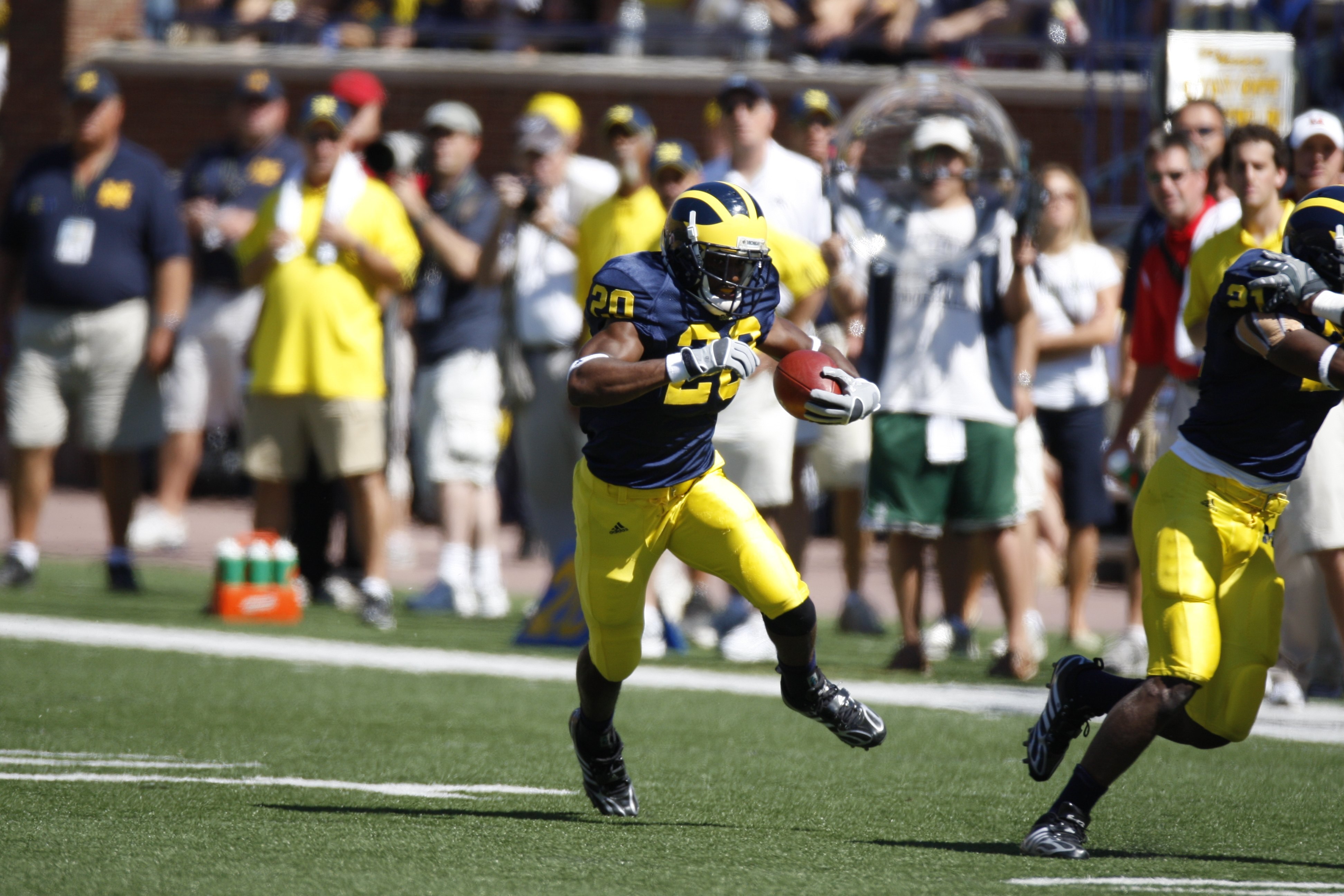 ANN ARBOR, MI - SEPTEMBER 6:  Michael Shaw #20 of the Michigan Wolverines runs with the ball during the game against the Miami of Ohio Red Hawks on September 6, 2008 at Michigan Stadium in Ann Arbor, Michigan.  The Wolverines defeated the Red Hawks 16-6.