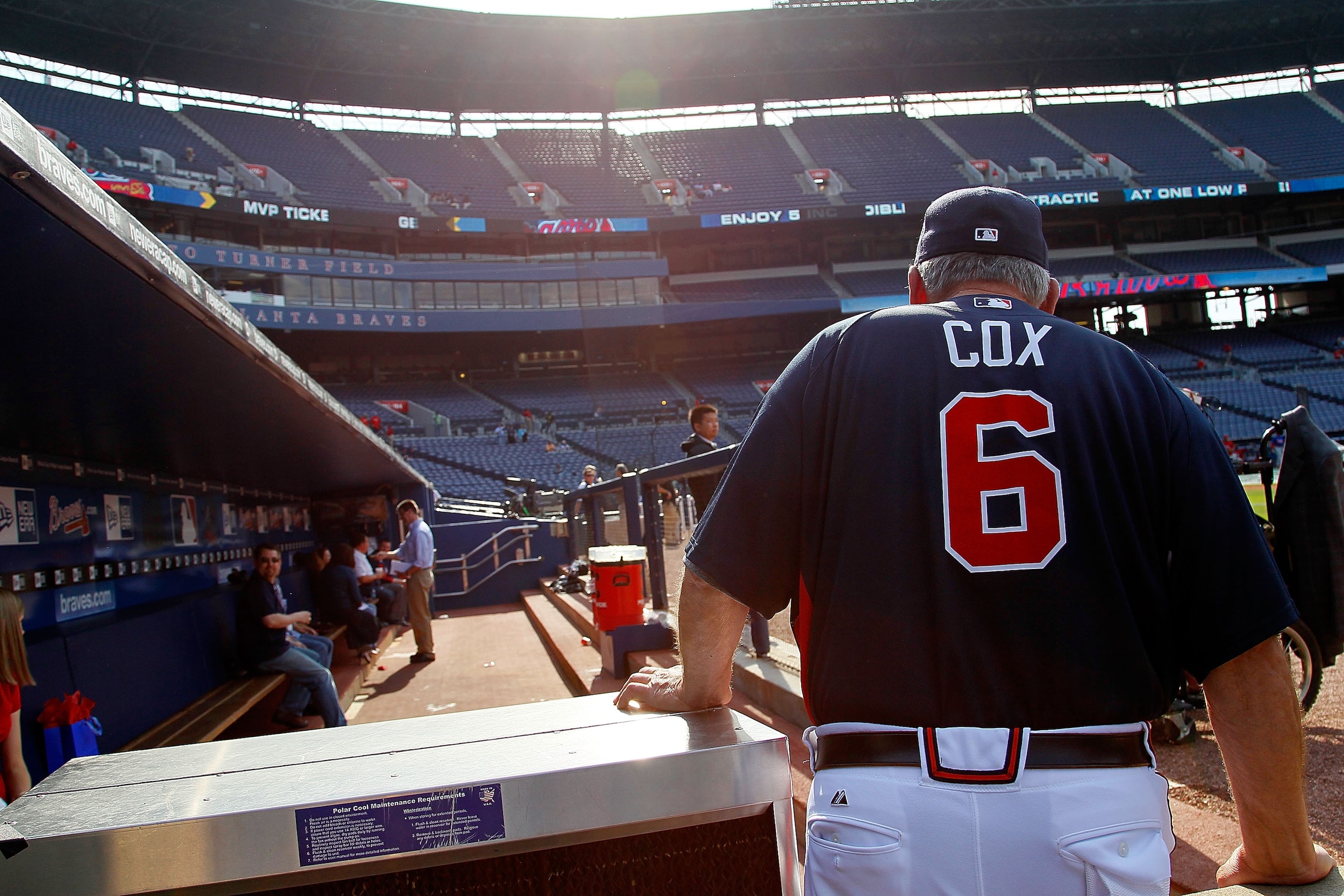 ATLANTA - APRIL 22: Manager Bobby Cox #6 of the Atlanta Braves walks at the end of the dugout during batting practice before facing the Philiadelphia Phillies at Turner Field on April 22, 2010 in Atlanta, Georgia. (Photo by Kevin C. Cox/Getty Images) ATLANTA - APRIL 22: Manager Bobby Cox #6 of the Atlanta Braves walks at the end of the dugout during batting practice before facing the Philiadelphia Phillies at Turner Field on April 22, 2010 in Atlanta, Georgia. (Photo by Kevin C. Cox/Getty Images)