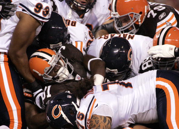 CLEVELAND - SEPTEMBER 2:  Montario Hardesty #31 of the Cleveland Browns pushes for extra yardage against the Chicago Bears during the preseason game on September 2, 2010 at Cleveland Browns Stadium in Cleveland, Ohio. (Photo by Justin K. Aller/Getty Image