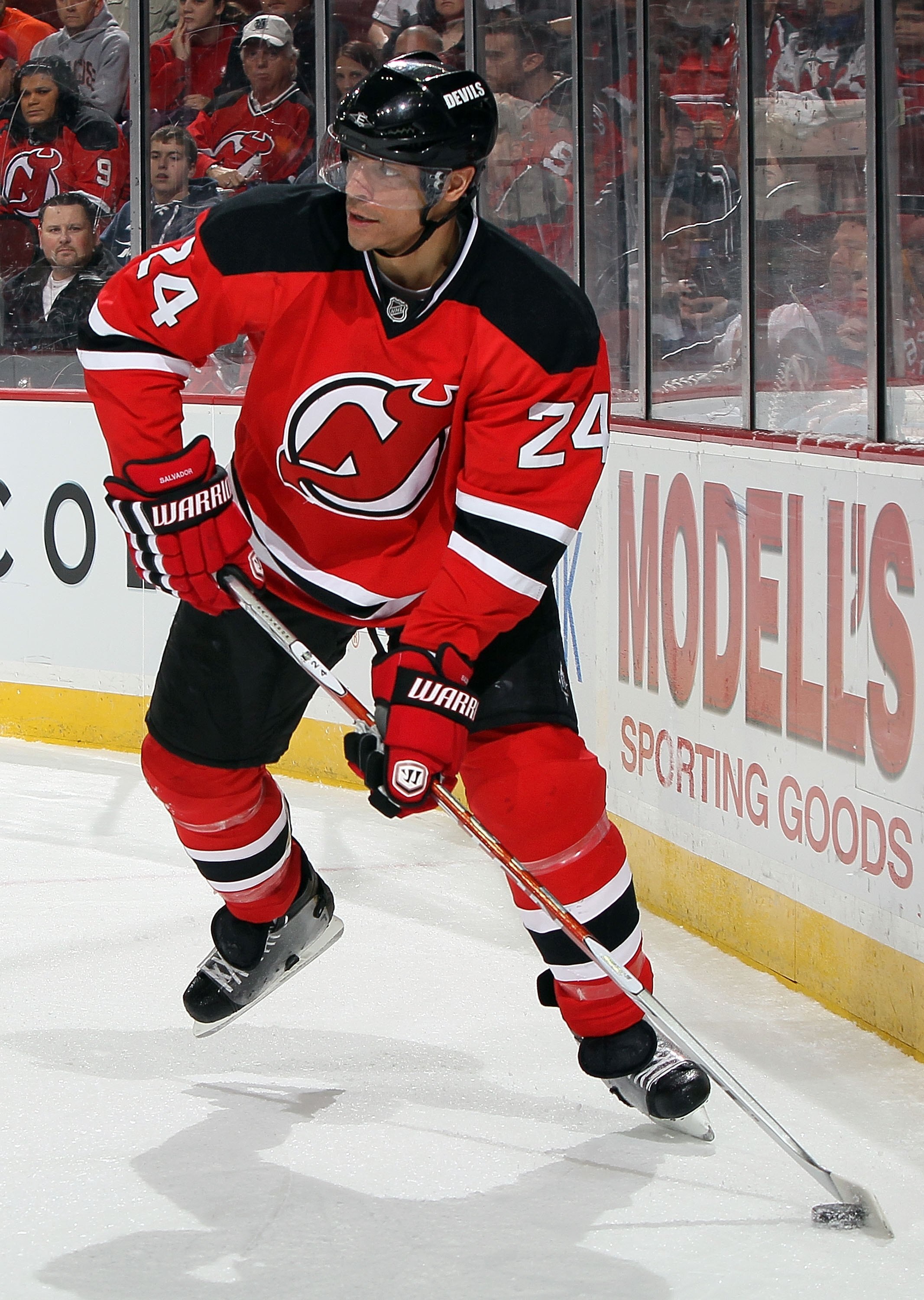 NEWARK, NJ - MARCH 30:  Bryce Salvador #24 of the New Jersey Devils skates against the Boston Bruins at the Prudential Center on March 30, 2010 in Newark, New Jersey. The Bruins defeated the Devils 1-0 in overtime.  (Photo by Jim McIsaac/Getty Images)