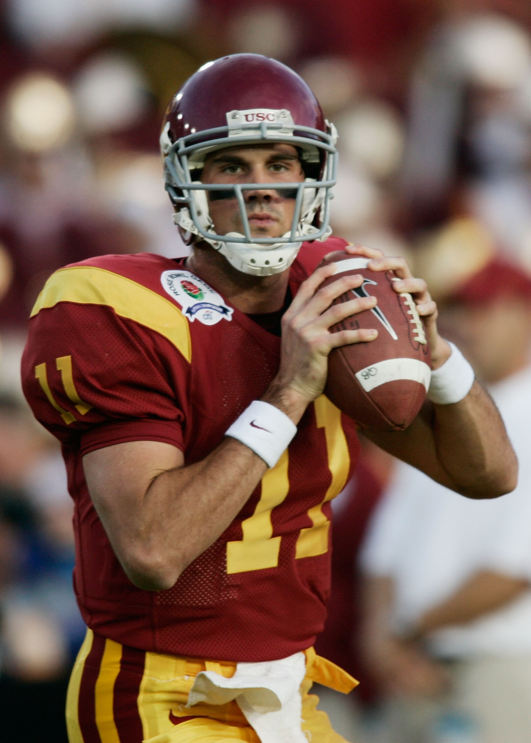 PASADENA, CA - JANUARY 04: Quarterback Matt Leinart #11 of the USC Trojans warms-up before the start of the BCS National Championship Rose Bowl Game against the Texas Longhorns on January 4, 2006 in Pasadena, California. (Photo by Donald Miralle/Getty I PASADENA, CA - JANUARY 04: Quarterback Matt Leinart #11 of the USC Trojans warms-up before the start of the BCS National Championship Rose Bowl Game against the Texas Longhorns on January 4, 2006 in Pasadena, California. (Photo by Donald Miralle/Getty I