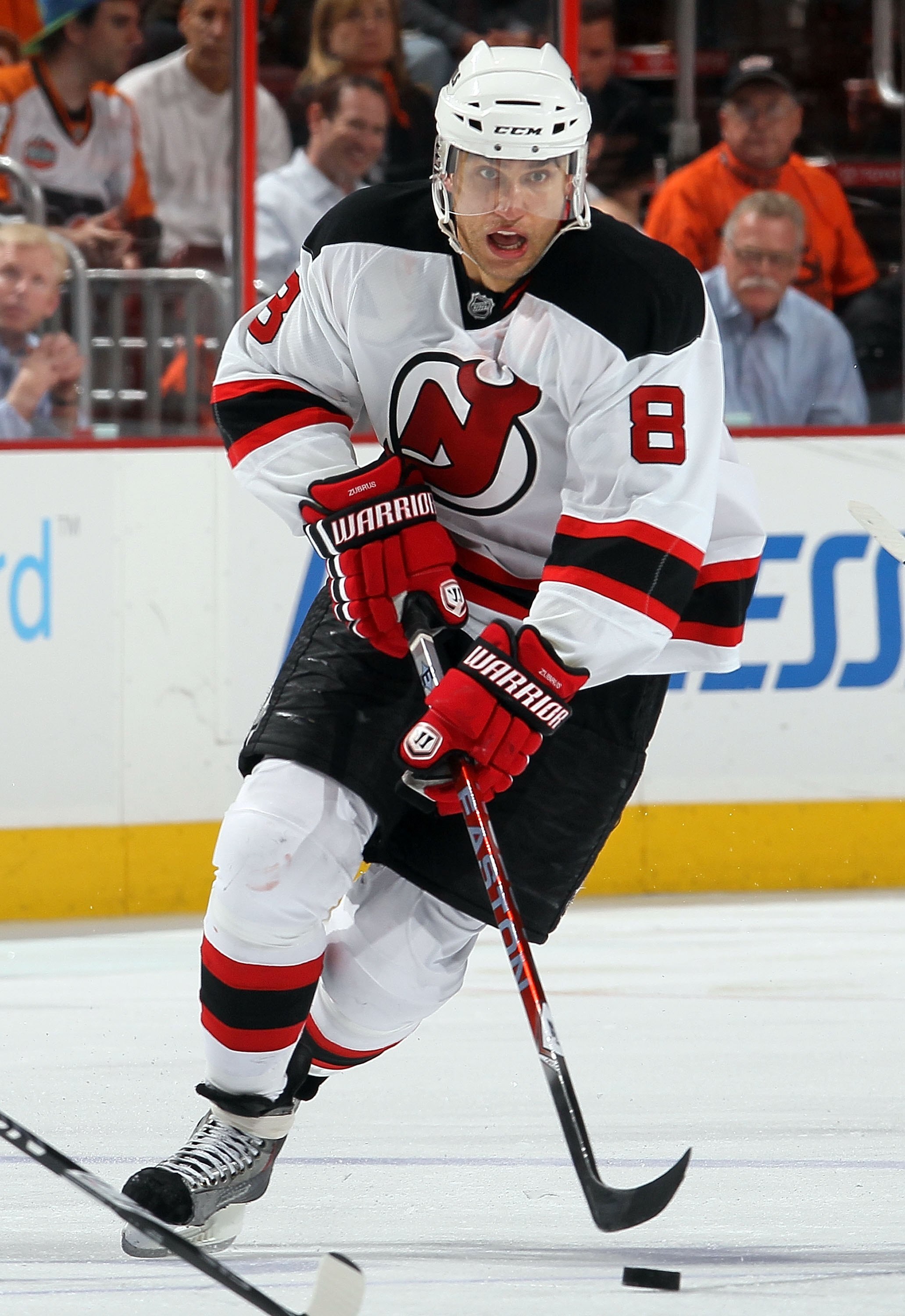 PHILADELPHIA - APRIL 20:  Dainius Zubrus #8 of the New Jersey Devils skates against of the Philadelphia Flyers in Game Four of the Eastern Conference Quarterfinals during the 2010 NHL Stanley Cup Playoffs at the Wachovia Center on April 20, 2010 in Philad