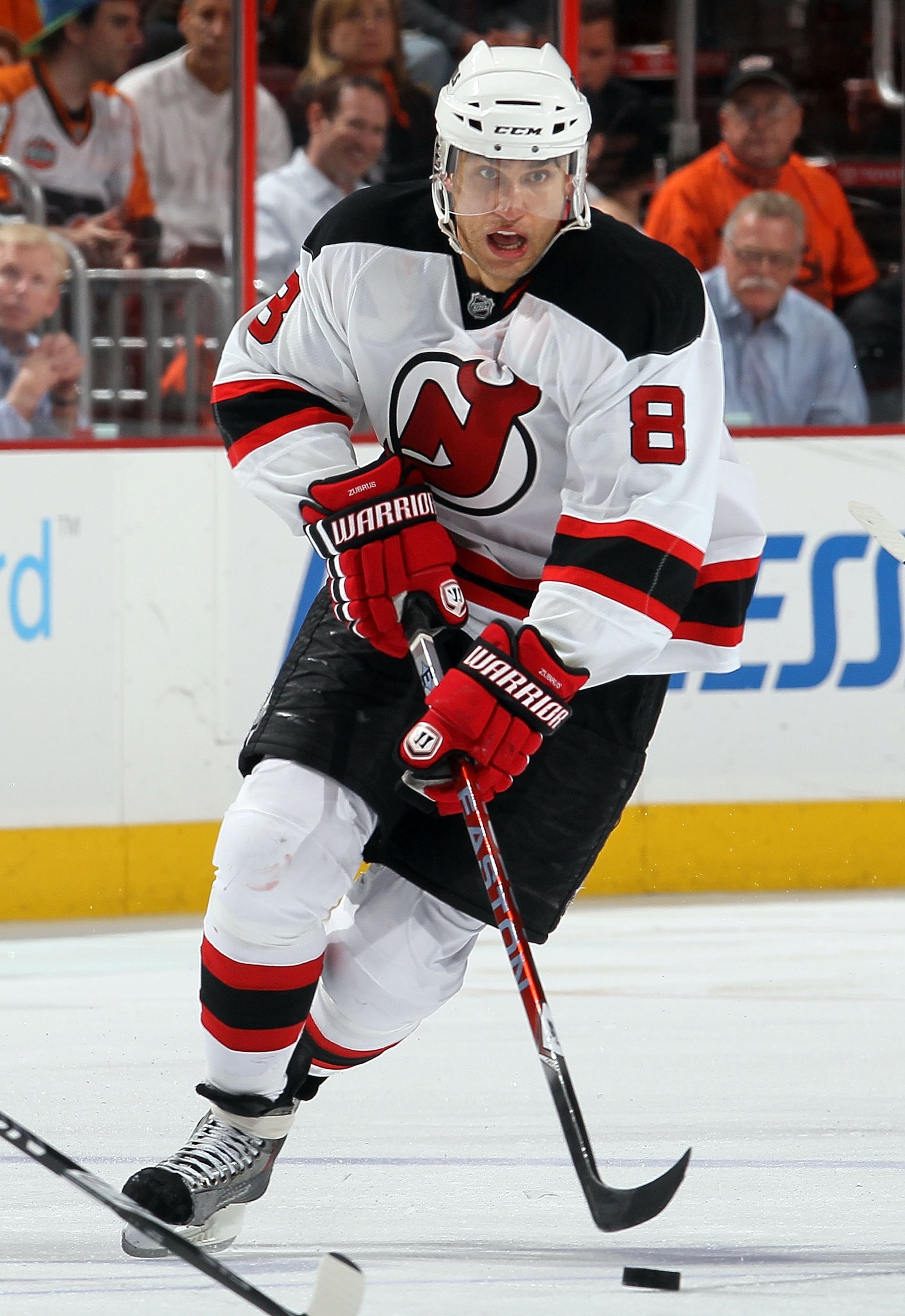 PHILADELPHIA - APRIL 20:  Dainius Zubrus #8 of the New Jersey Devils skates against of the Philadelphia Flyers in Game Four of the Eastern Conference Quarterfinals during the 2010 NHL Stanley Cup Playoffs at the Wachovia Center on April 20, 2010 in Philad