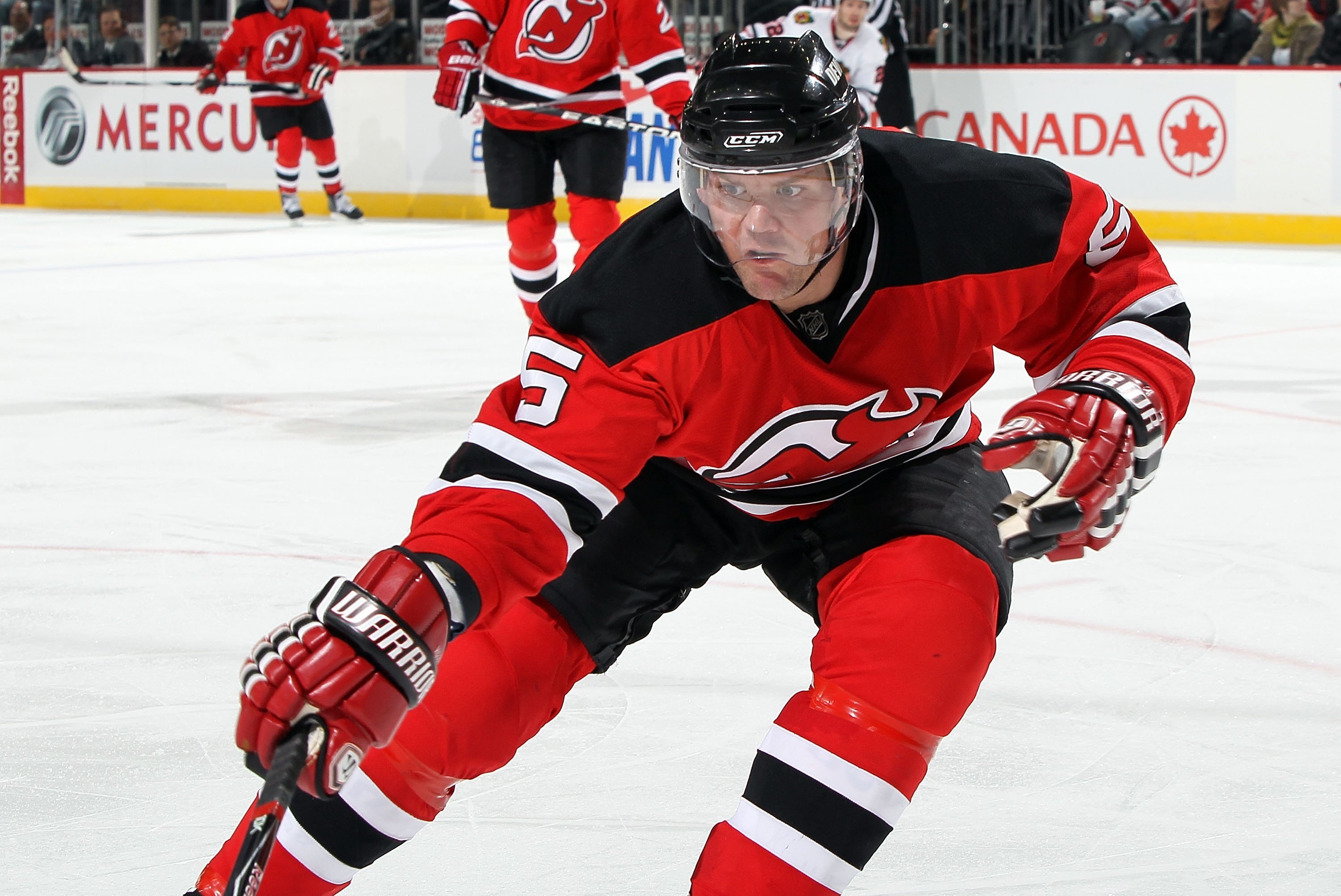 NEWARK, NJ - APRIL 02:  Colin White #5 of the New Jersey Devils skates against the Chicago Blackhawks at the Prudential Center on April 2, 2010 in Newark, New Jersey. The Hawks defeated the Devils 2-1 after a shootout.  (Photo by Jim McIsaac/Getty Images)