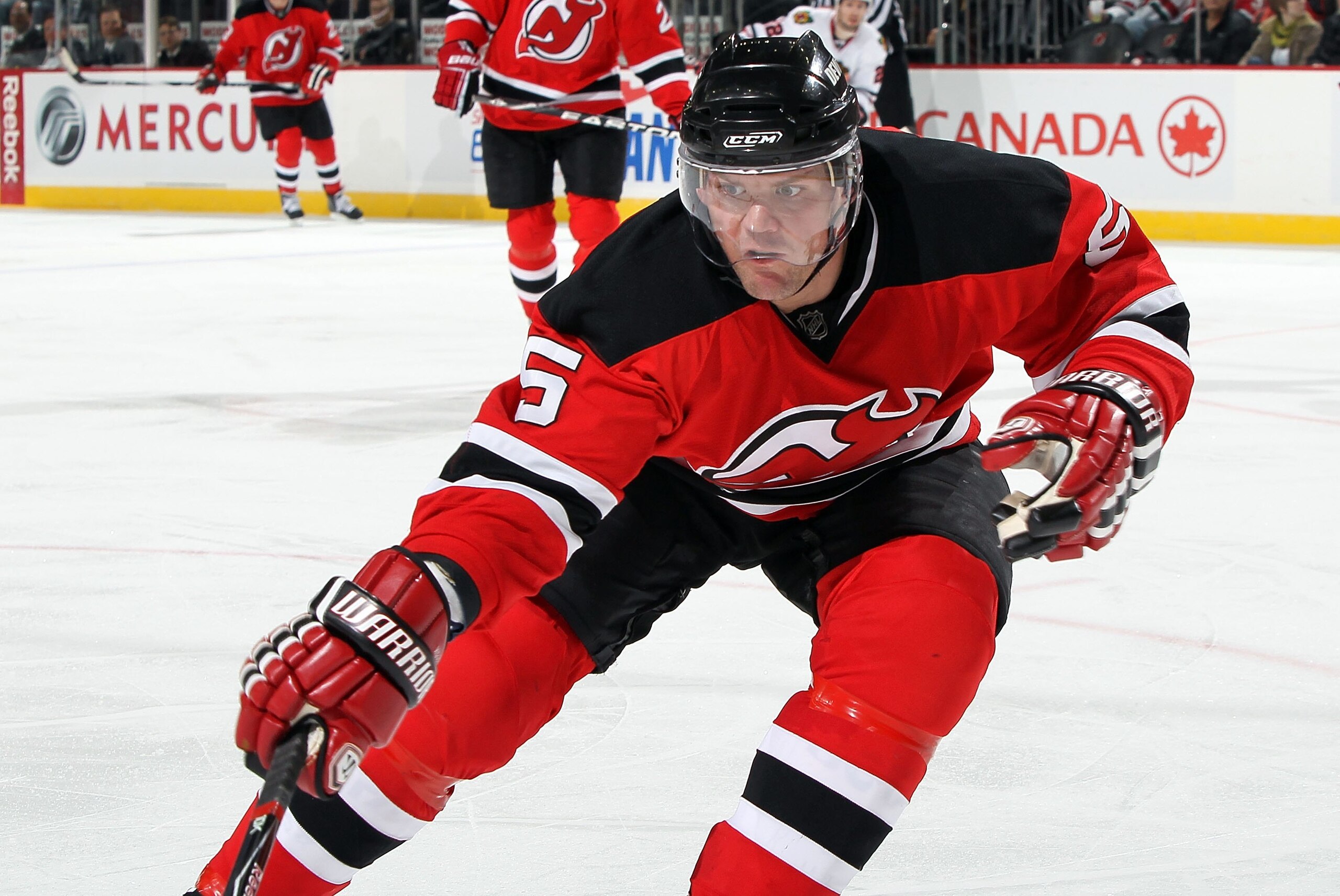 NEWARK, NJ - APRIL 02:  Colin White #5 of the New Jersey Devils skates against the Chicago Blackhawks at the Prudential Center on April 2, 2010 in Newark, New Jersey. The Hawks defeated the Devils 2-1 after a shootout.  (Photo by Jim McIsaac/Getty Images)