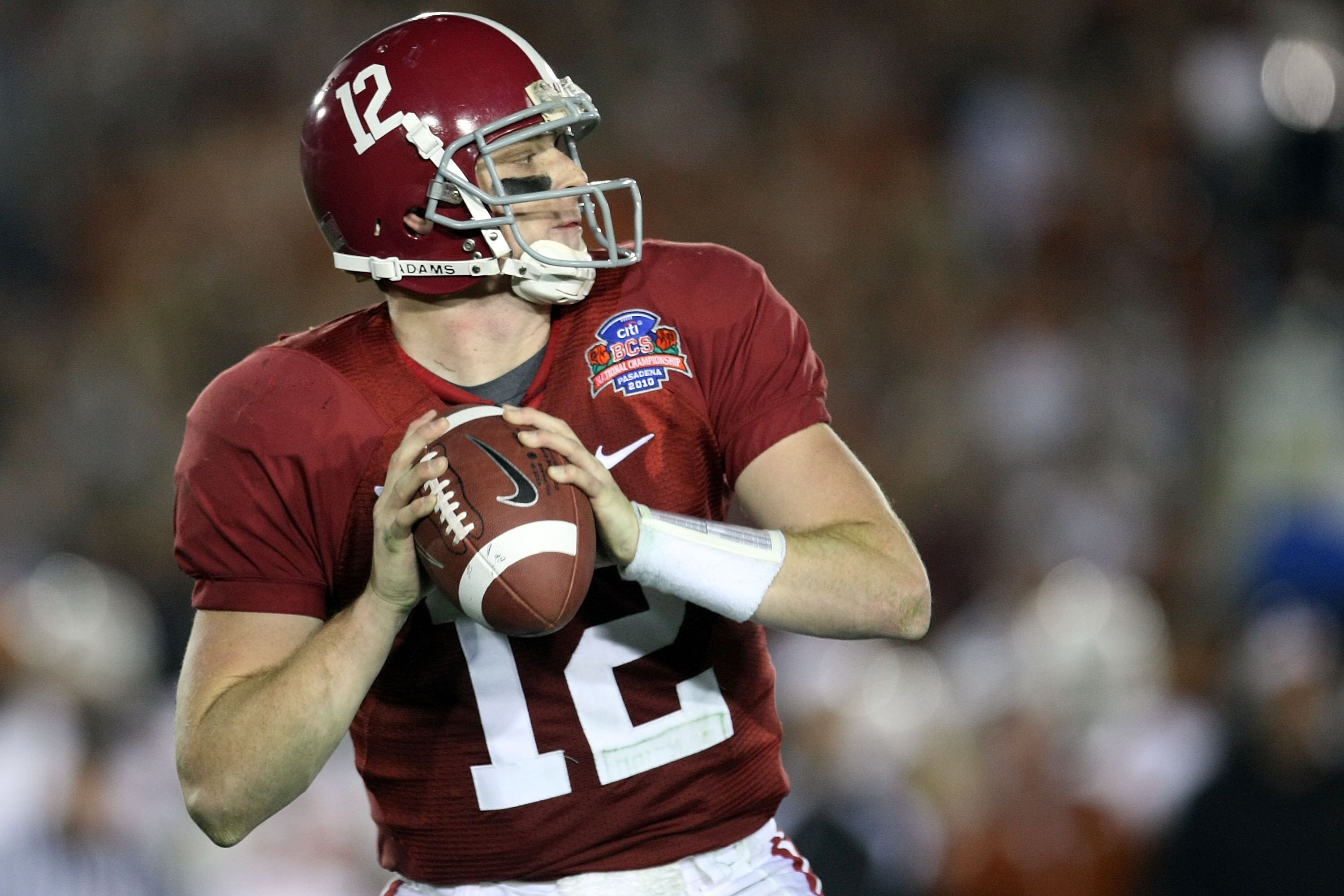 PASADENA, CA - JANUARY 07:  Quarterback Greg McElroy #12 of the Alabama Crimson Tide throws the ball against the Texas Longhorns in the second half of the Citi BCS National Championship game at the Rose Bowl on January 7, 2010 in Pasadena, California.  (P