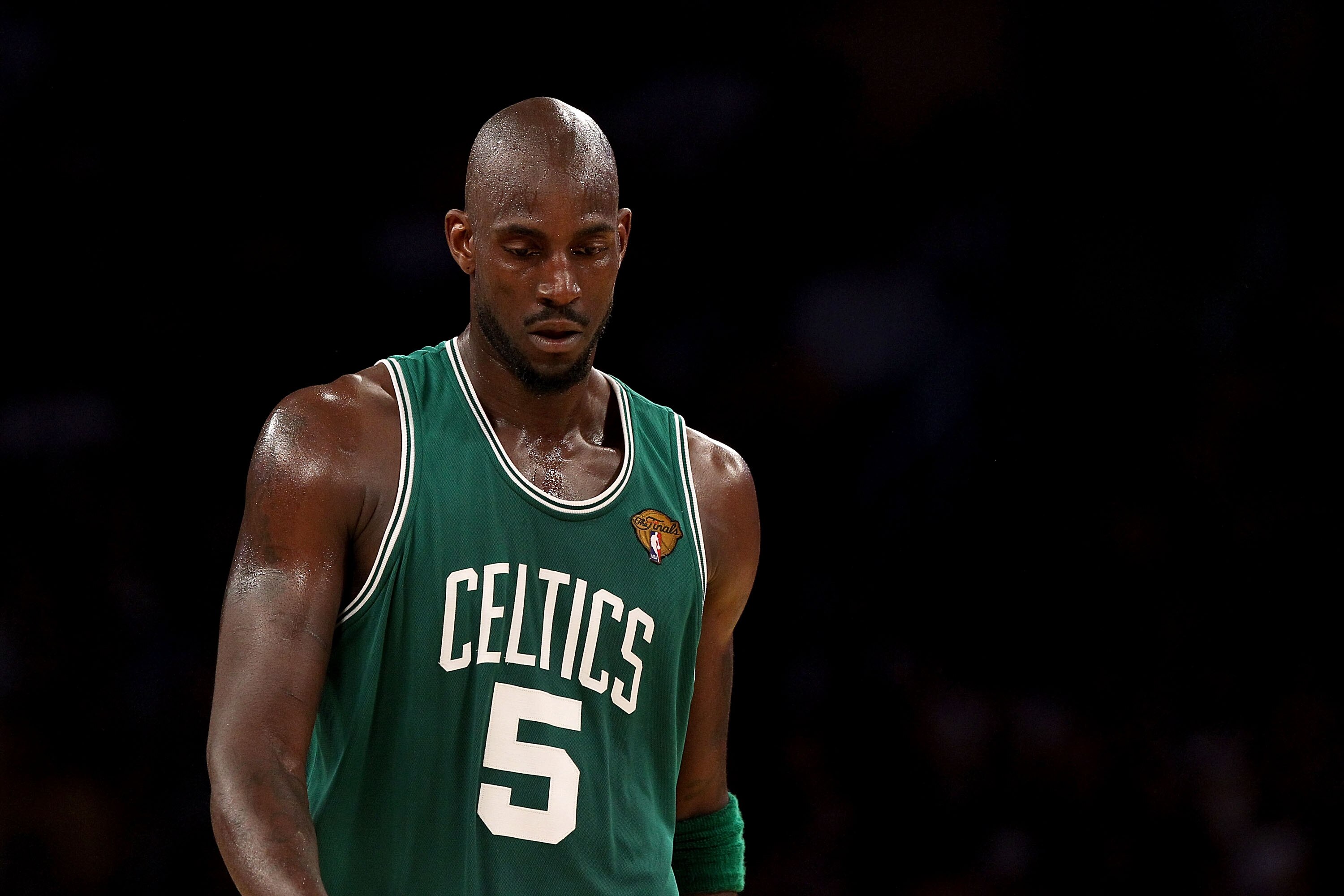 LOS ANGELES, CA - JUNE 17: Kevin Garnett #5 of the Boston Celtics walks across the court in the first half against the Los Angeles Lakers in Game Seven of the 2010 NBA Finals at Staples Center on June 17, 2010 in Los Angeles, California. NOTE TO USER: U LOS ANGELES, CA - JUNE 17: Kevin Garnett #5 of the Boston Celtics walks across the court in the first half against the Los Angeles Lakers in Game Seven of the 2010 NBA Finals at Staples Center on June 17, 2010 in Los Angeles, California. NOTE TO USER: U