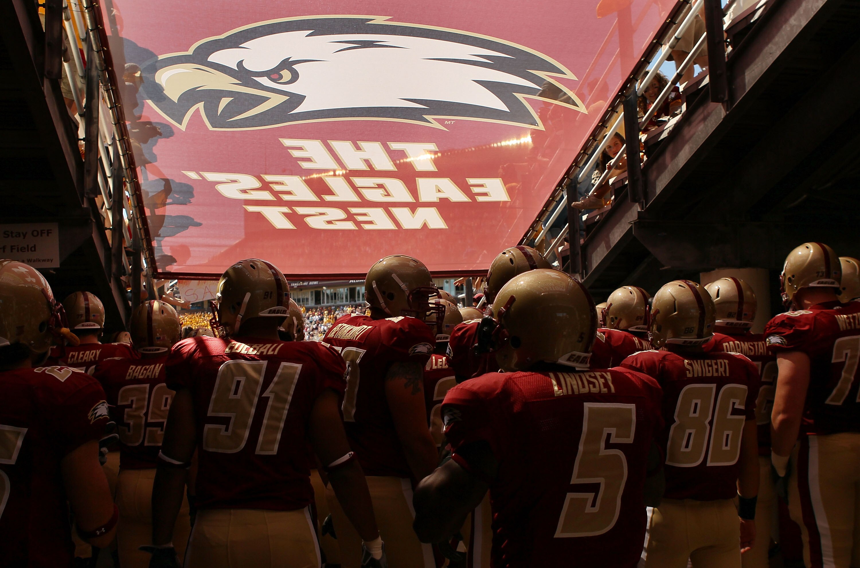 CHESTNUT HILL, MA - SEPTEMBER 04:  The Boston College Eagles line up to enter the field before the game against the Weber State Wildcats on September 4, 2010 at Alumni Stadium in Chestnut Hill, Massachusetts.  (Photo by Elsa/Getty Images)