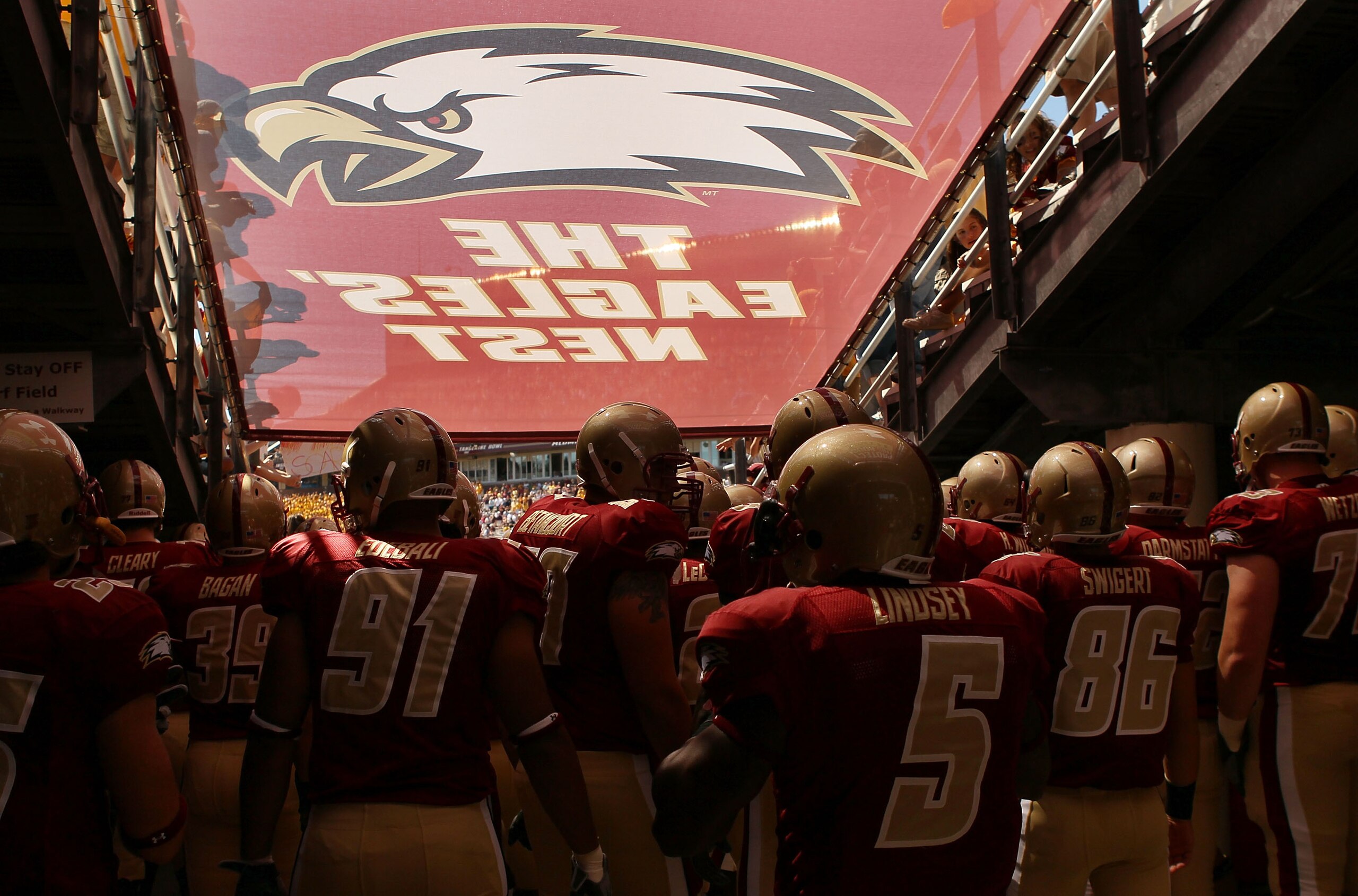 CHESTNUT HILL, MA - SEPTEMBER 04:  The Boston College Eagles line up to enter the field before the game against the Weber State Wildcats on September 4, 2010 at Alumni Stadium in Chestnut Hill, Massachusetts.  (Photo by Elsa/Getty Images)