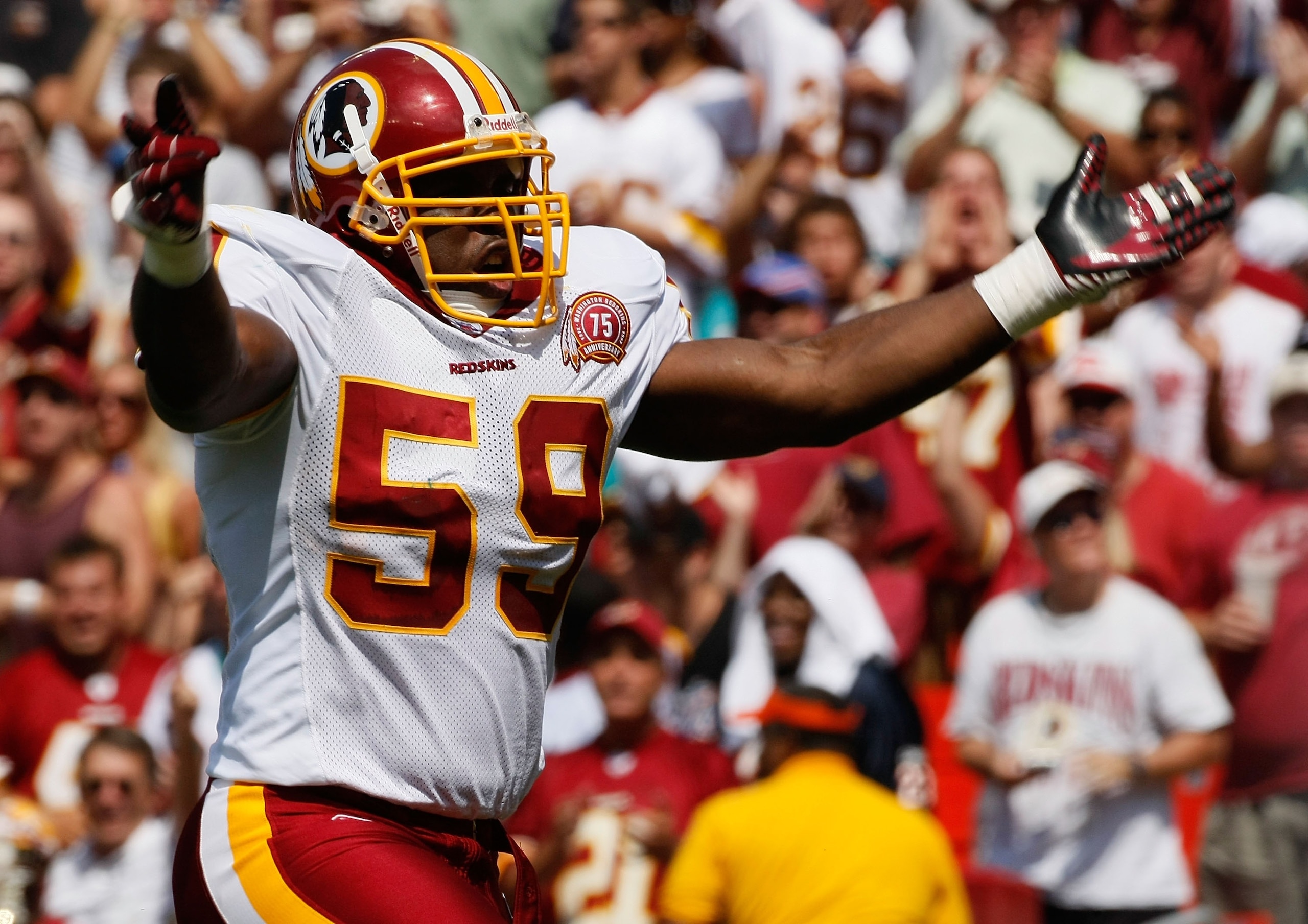 WASHINGTON - SEPTEMBER 09: Linebacker London Fletcher #59 of the Washington Redskins celebrates after a key play in second quarter action against the Miami Dolphins at FedEx Field September 9, 2007 in Landover, Maryland. The Redskins defeated the Miami Do
