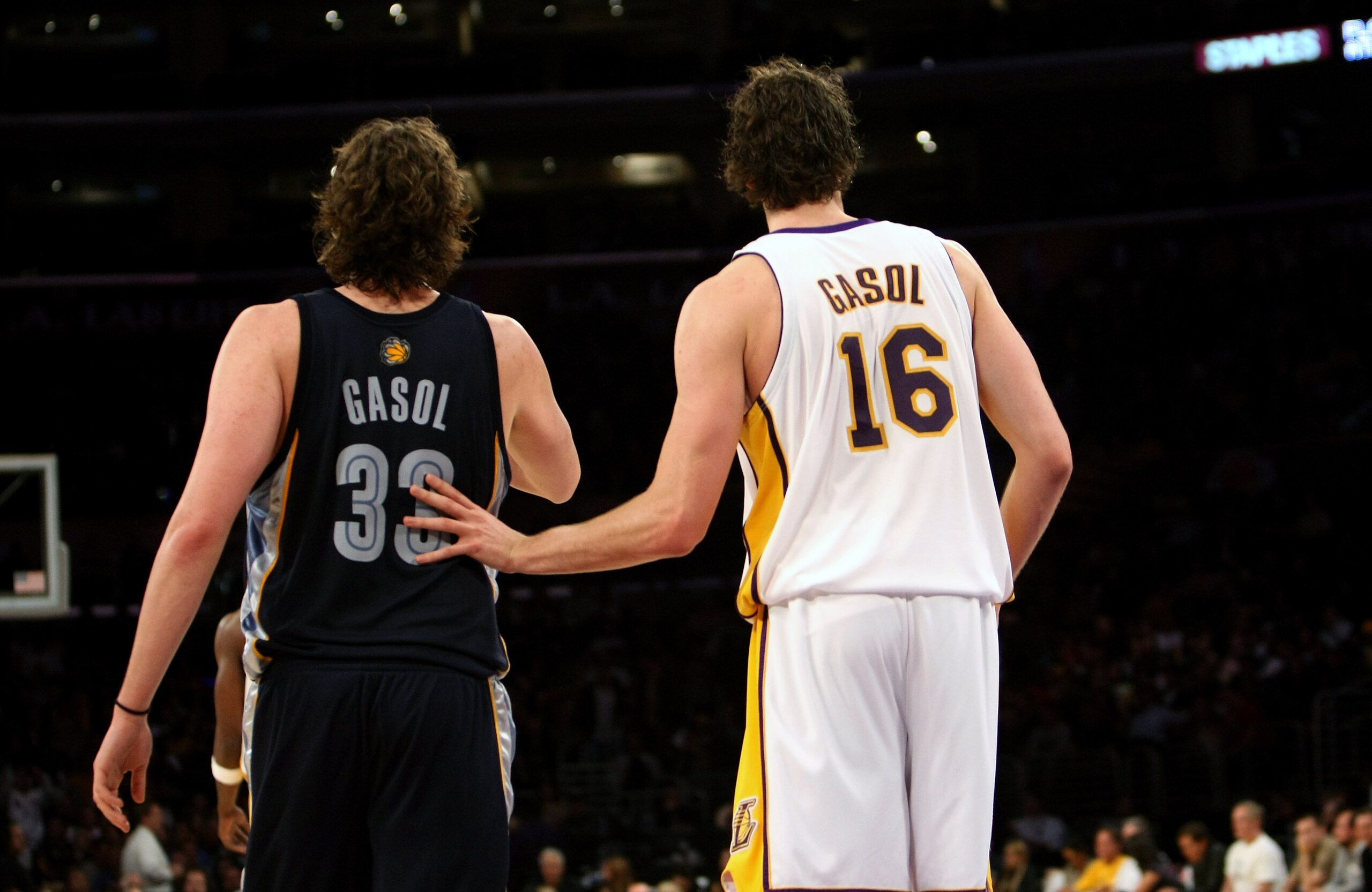 LOS ANGELES, CA - MARCH 3:  Pau Gasol #16 of the Los Angeles Lakers hand checks his brother Marc Gasol #33 of the Memphis Grizzlies at Staples Center March 3, 2009 in Los Angeles, California.  The Lakers won 99-89.  NOTE TO USER: User expressly acknowledg