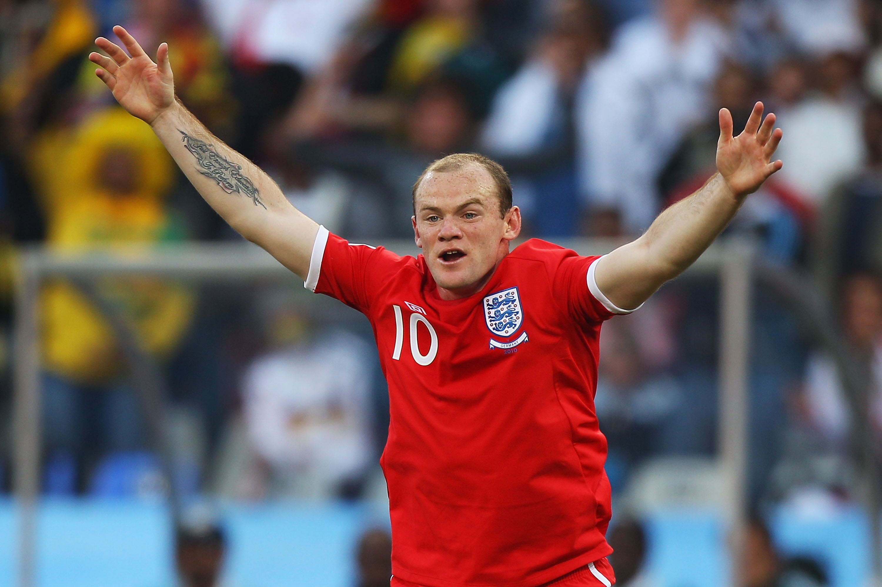 BLOEMFONTEIN, SOUTH AFRICA - JUNE 27: Wayne Rooney of England appeals after a Frank Lampard  goal is disallowed during the 2010 FIFA World Cup South Africa Round of Sixteen match between Germany and England at Free State Stadium on June 27, 2010 in Bloemf