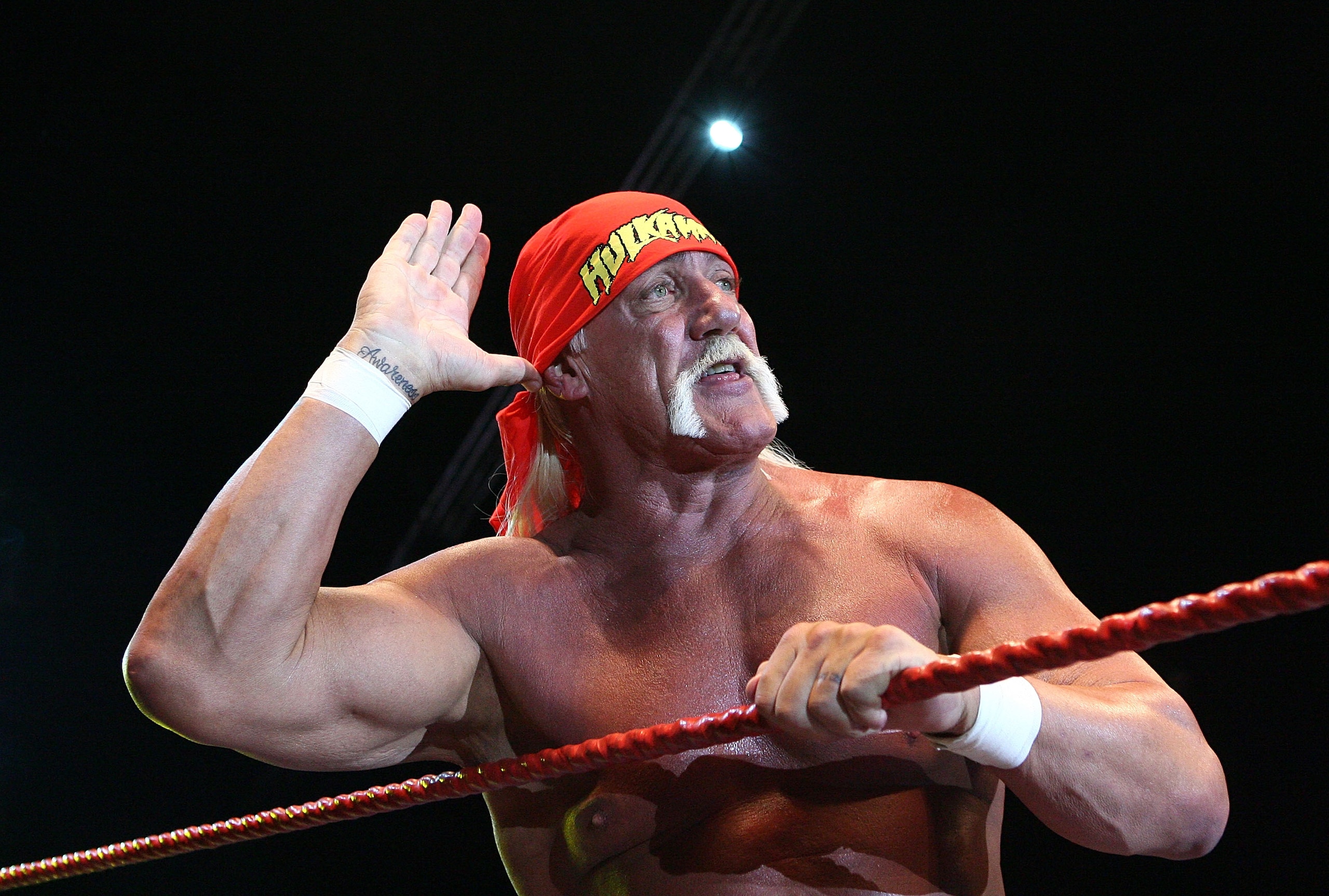 PERTH, AUSTRALIA - NOVEMBER 24:  Hulk Hogan gestures to the audience during his Hulkamania Tour at the Burswood Dome on November 24, 2009 in Perth, Australia.  (Photo by Paul Kane/Getty Images)
