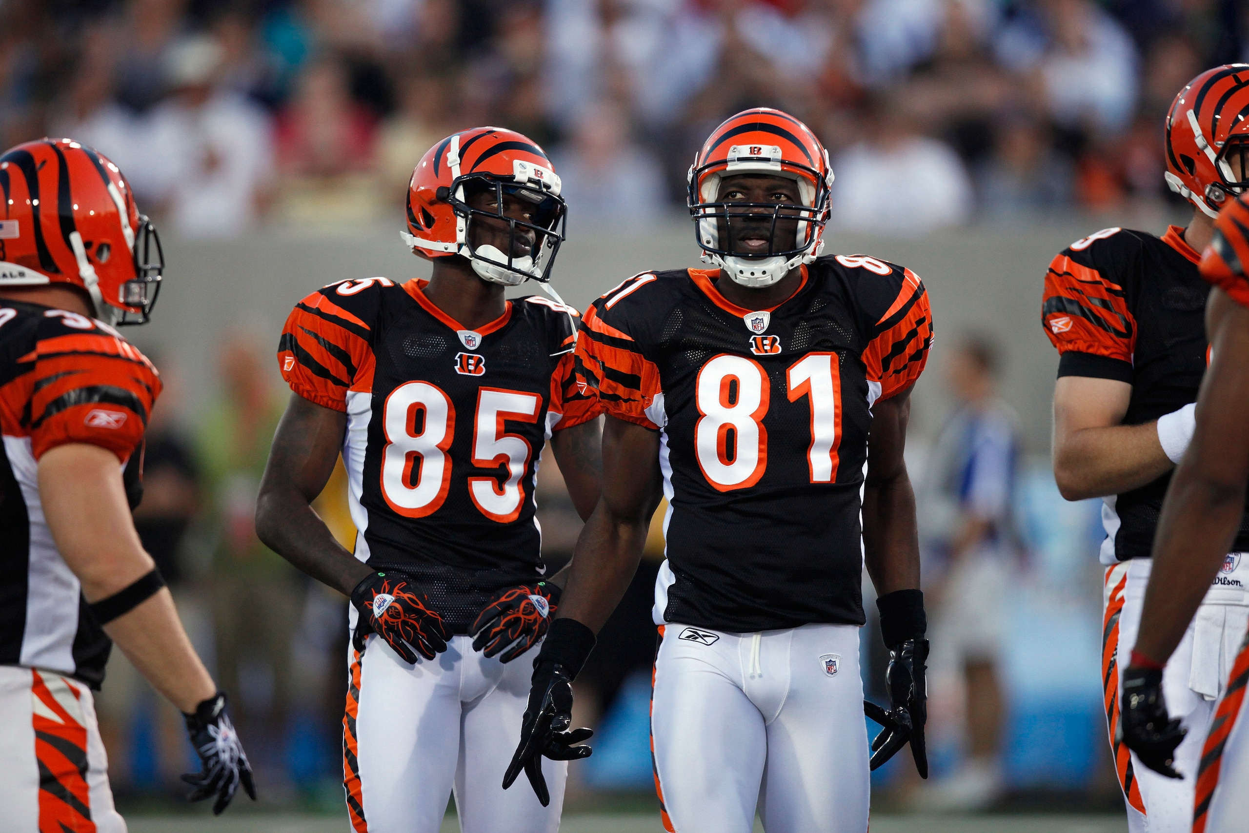 CANTON, OH - AUGUST 8: Terrell Owens #81 and Chad Ochocinco #85 of the Cincinnati Bengals look on against the Dallas Cowboys during the 2010 Pro Football Hall of Fame Game at the Pro Football Hall of Fame Field at Fawcett Stadium on August 8, 2010 in Cant CANTON, OH - AUGUST 8: Terrell Owens #81 and Chad Ochocinco #85 of the Cincinnati Bengals look on against the Dallas Cowboys during the 2010 Pro Football Hall of Fame Game at the Pro Football Hall of Fame Field at Fawcett Stadium on August 8, 2010 in Cant