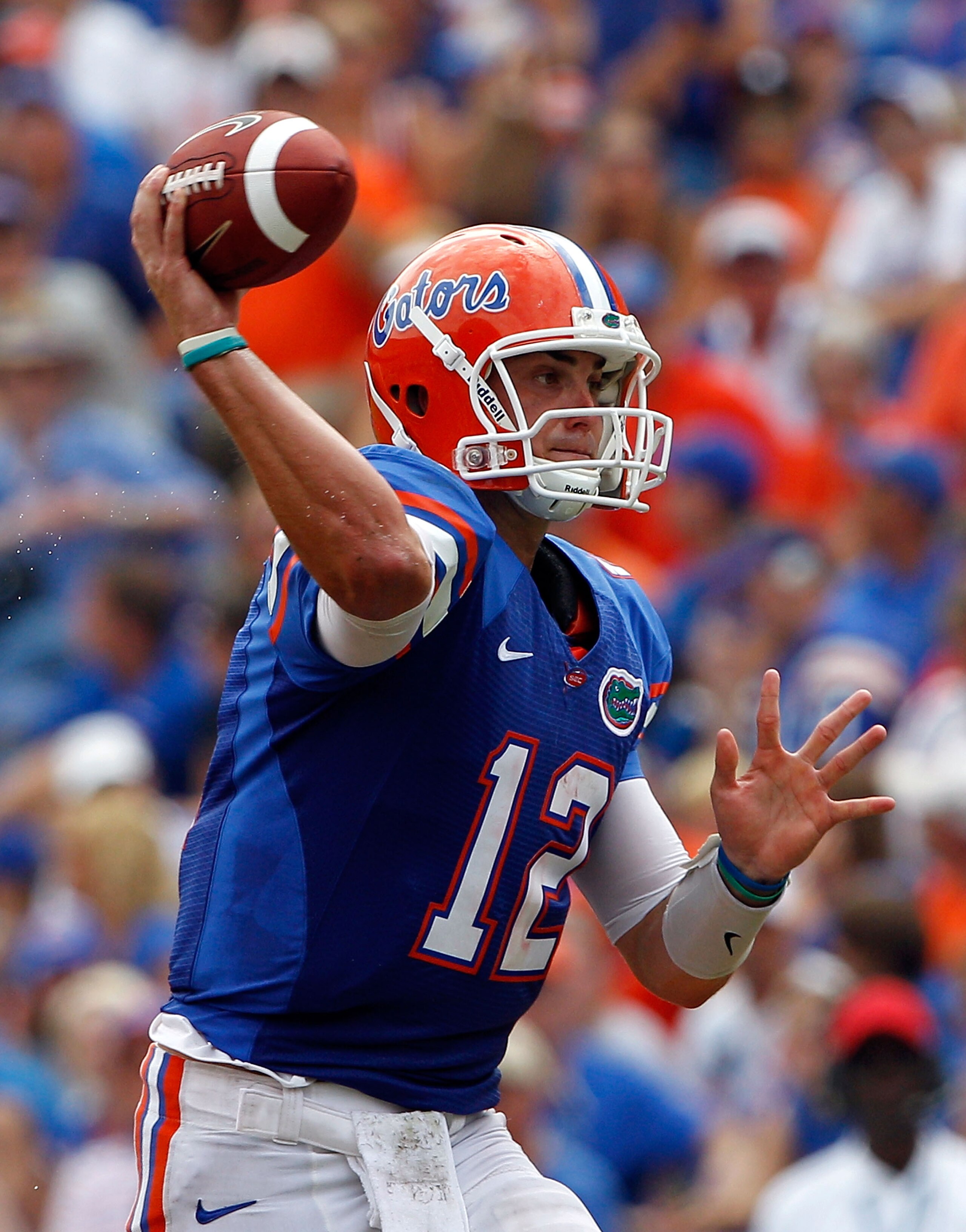 GAINESVILLE, FL - SEPTEMBER 04:  Quarterback John Brantley #12 of the Florida Gators attempts a pass against the Miami University RedHawks at Ben Hill Griffin Stadium on September 4, 2010 in Gainesville, Florida.  (Photo by Sam Greenwood/Getty Images)