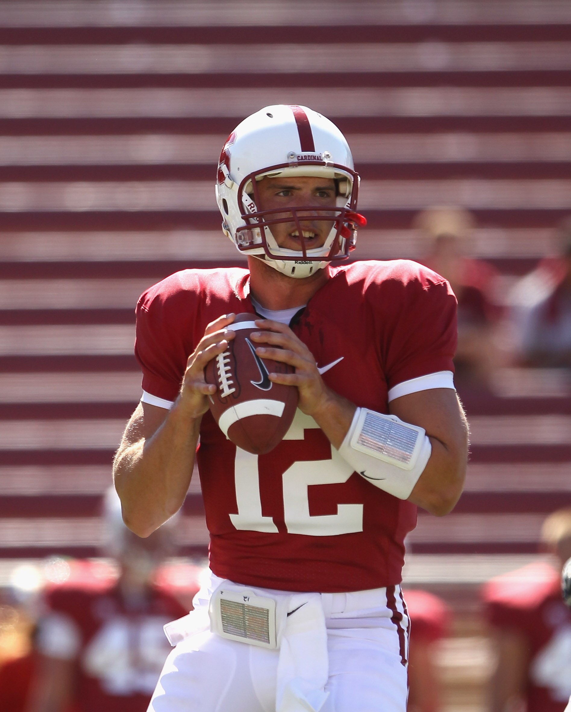PALO ALTO, CA - SEPTEMBER 04:  Andrew Luck #12 of the Stanford Cardinal warms up before their game against the Sacramento State Hornets at Stanford Stadium on September 4, 2010 in Palo Alto, California.  (Photo by Ezra Shaw/Getty Images)
