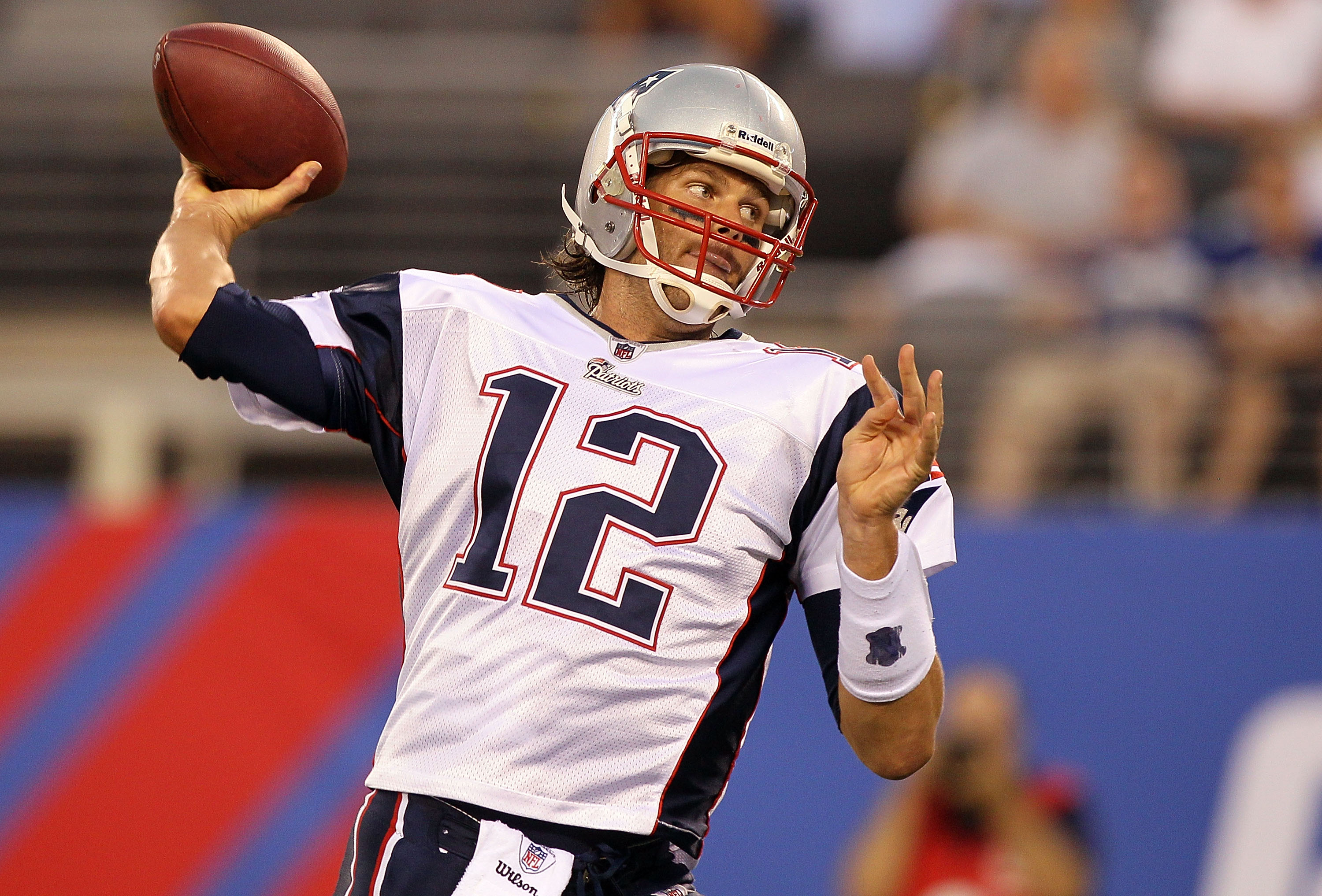 EAST RUTHERFORD, NJ - SEPTEMBER 02: Tom Brady #12 of the New England Patriots throws a first quarter pass against the New York Giants on September 2, 2010 at the New Meadowlands Stadium in East Rutherford, New Jersey. (Photo by Jim McIsaac/Getty Images) EAST RUTHERFORD, NJ - SEPTEMBER 02: Tom Brady #12 of the New England Patriots throws a first quarter pass against the New York Giants on September 2, 2010 at the New Meadowlands Stadium in East Rutherford, New Jersey. (Photo by Jim McIsaac/Getty Images)