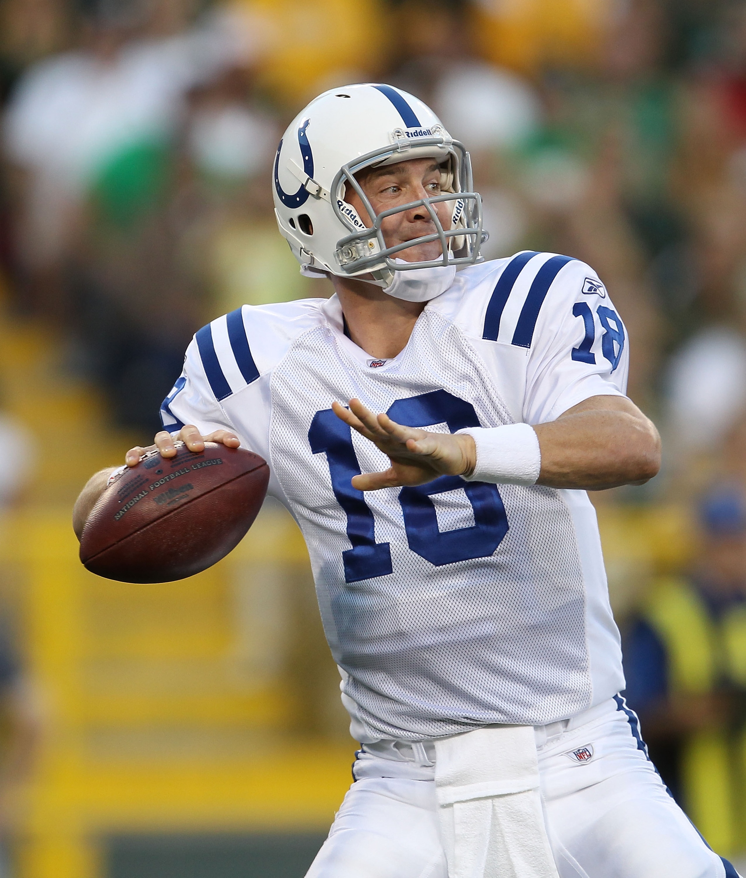 GREEN BAY, WI - AUGUST 26: Peyton Manning #18 of the Indianapolis Colts prepares to throw a pass against the Green Bay Packers during a preseason game at Lambeau Field on August 26, 2010 in Green Bay, Wisconsin.  The Packers defeated the Colts 59-24. (Pho