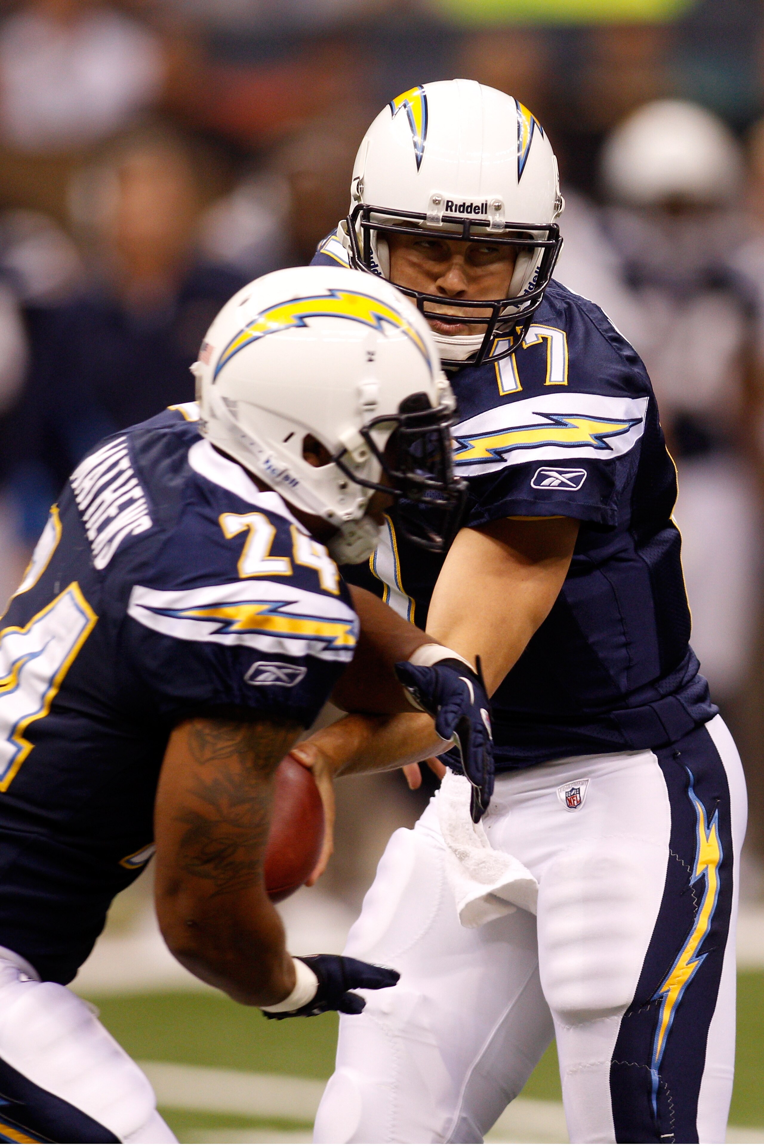 NEW ORLEANS - AUGUST 27:  Philip Rivers #17 of the San Diego Chargers in action against the New Orleans Saints at the Louisiana Superdome on August 27, 2010 in New Orleans, Louisiana.  (Photo by Chris Graythen/Getty Images)