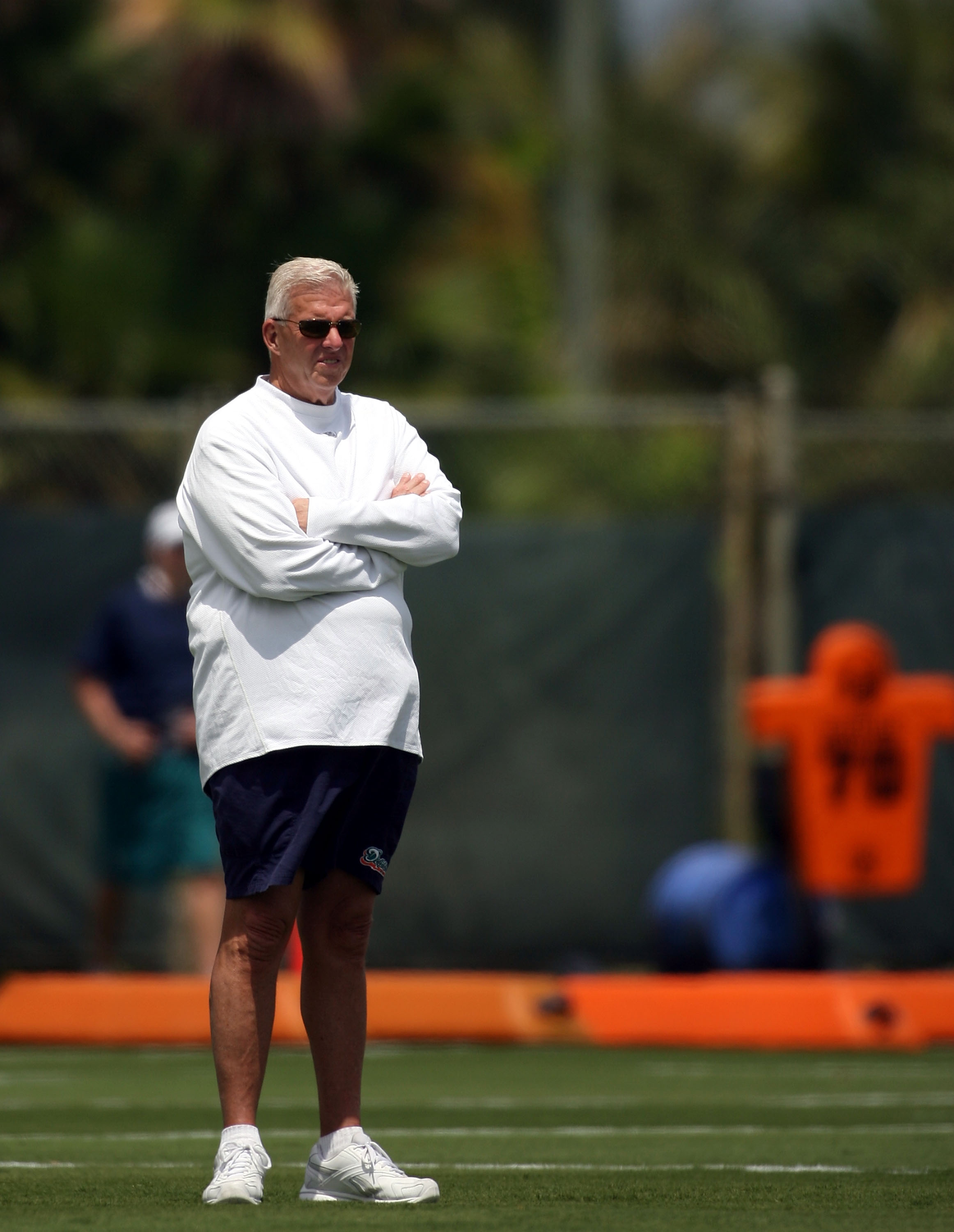 DAVIE, FL - MAY 02:  Executive Vice President of Football Operations Bill Parcells watches practice on during Miami Dolphins Rookie Mini Camp on May 2, 2008 at the Dolphins practice facility in Davie, Florida.  (Photo by Marc Serota/Getty Images)
