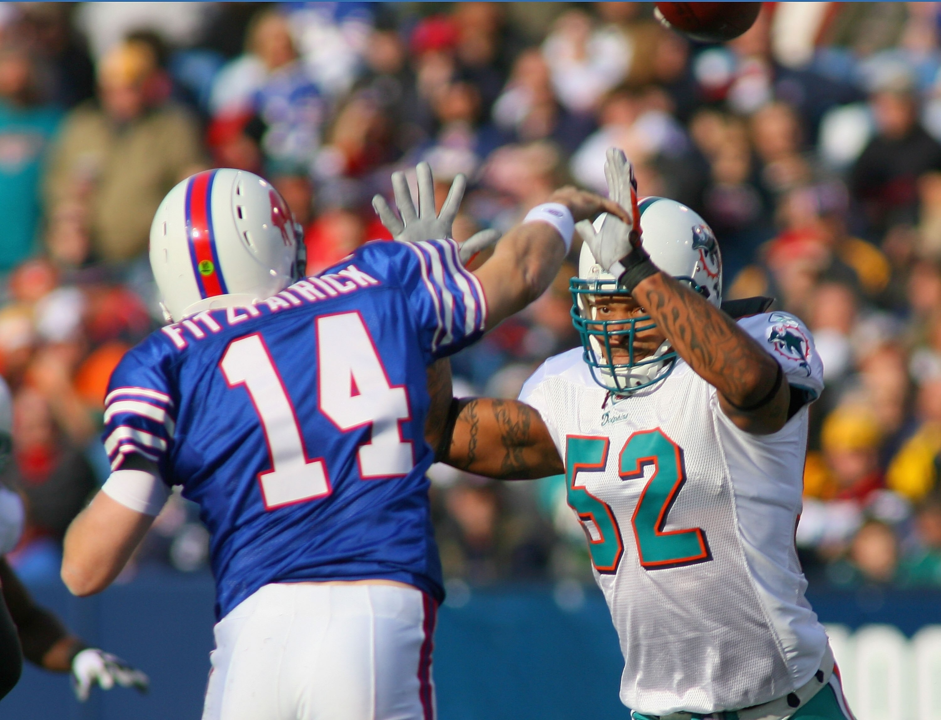 ORCHARD PARK, NY - NOVEMBER 29:  Ryan Fitzpatrick #14 of the Buffalo Bills is pressured by Channing Crowder #52 of the Miami Dolphins at Ralph Wilson Stadium on November 29, 2009 in Orchard Park, New York. Buffalo won 31-14.  (Photo by Rick Stewart/Getty