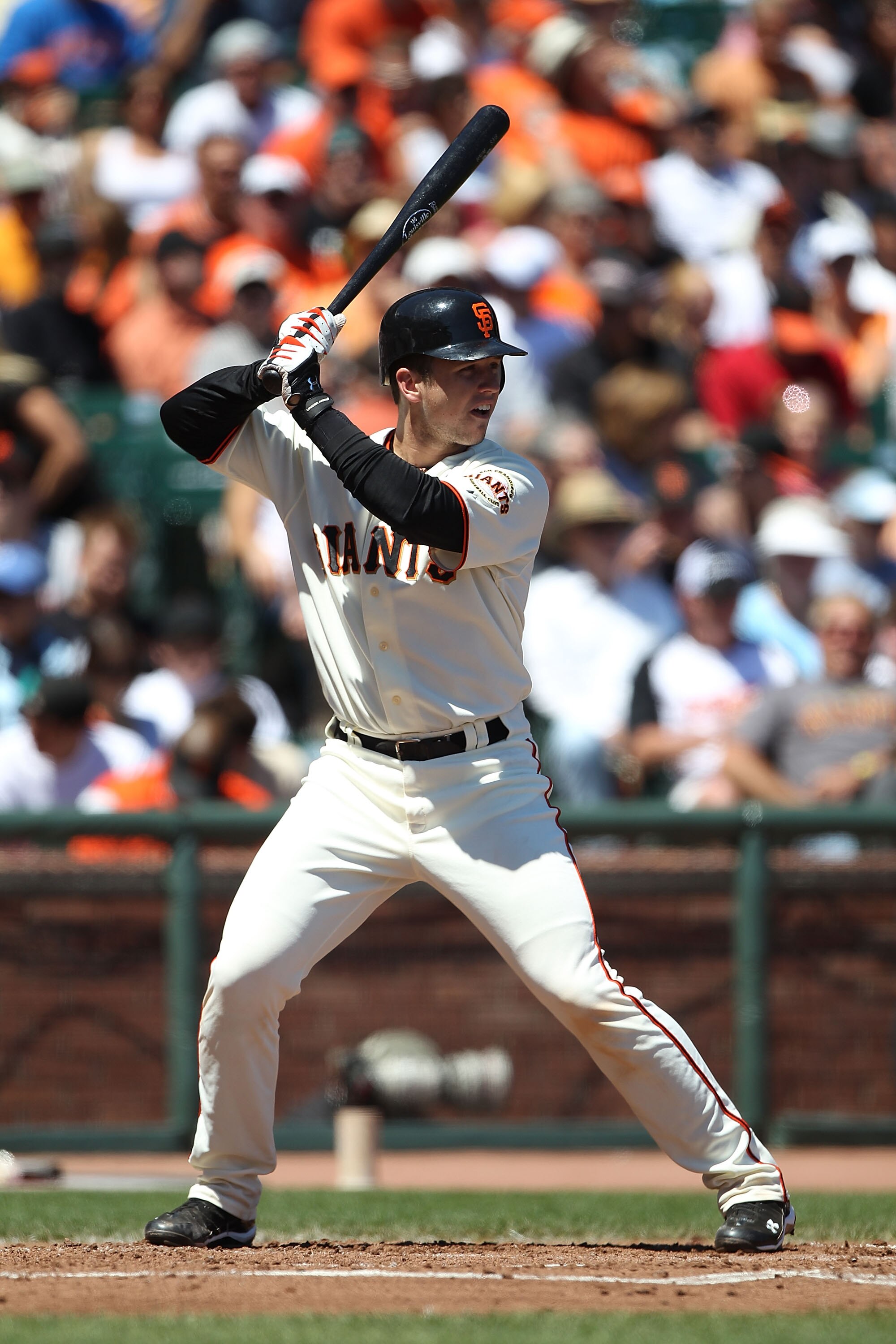 SAN FRANCISCO - AUGUST 14:  Buster Posey #28 of the San Francisco Giants in action against the San Diego Padres during an MLB game at AT&T Park on August 14, 2010 in San Francisco, California.  (Photo by Jed Jacobsohn/Getty Images)