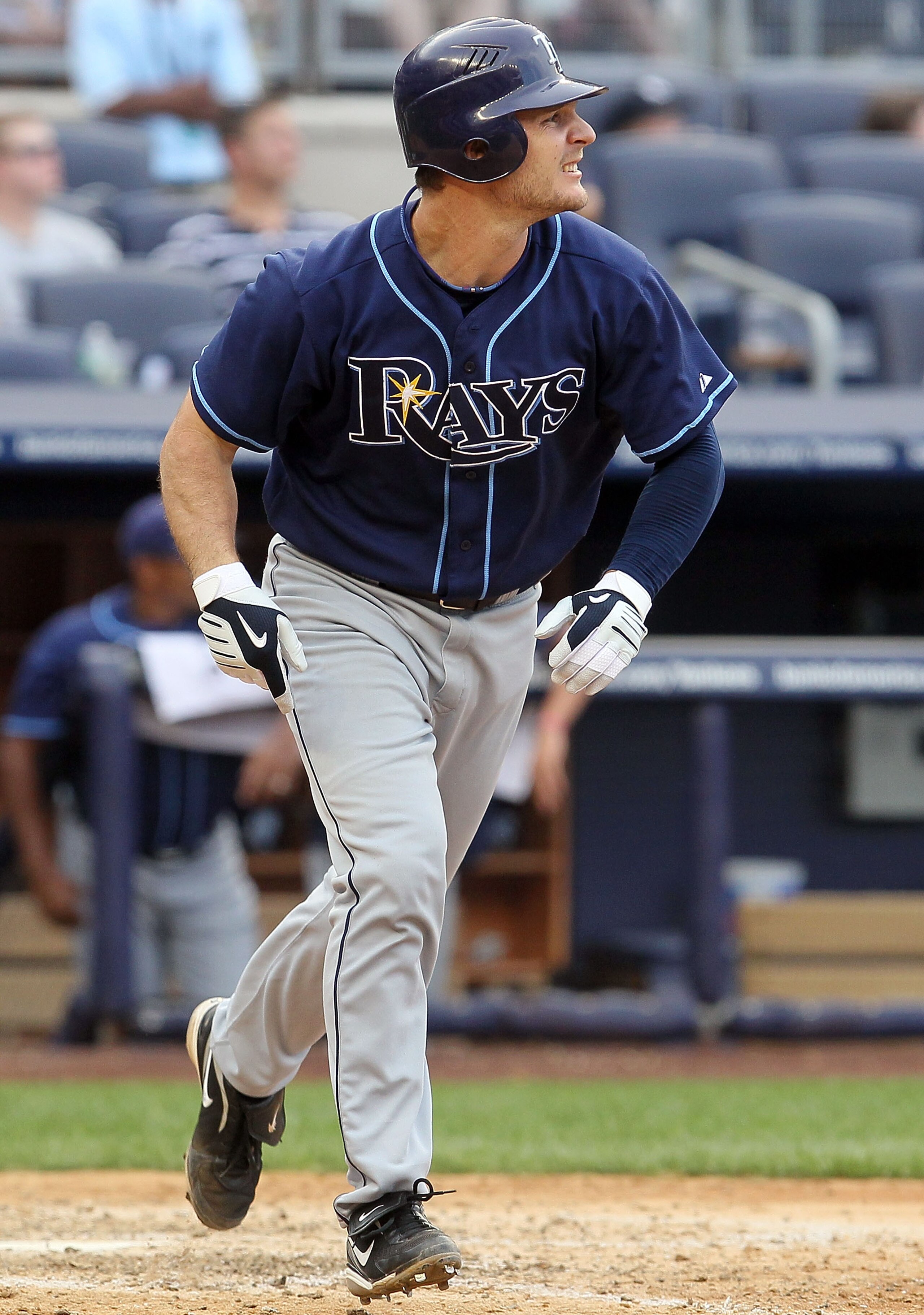 NEW YORK - JULY 17:  John Jaso #28 of the Tampa Bay Rays bats against the New York Yankees on July 17, 2010 at Yankee Stadium in the Bronx borough of New York City.  (Photo by Jim McIsaac/Getty Images)