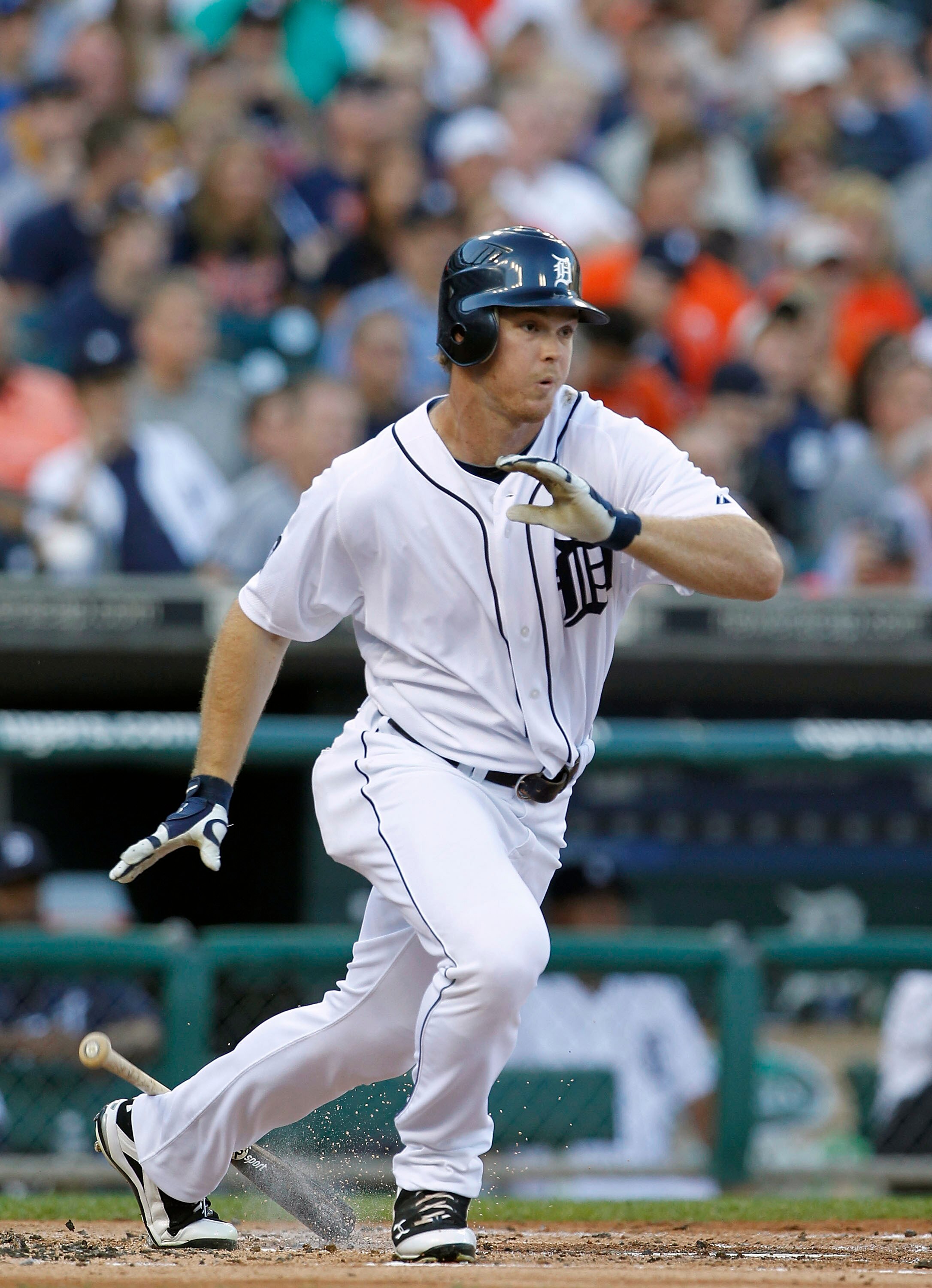 DETROIT - JULY 09: Brennan Boesch #26 of the Detroit Tigers singles to right field scoring teammate Magglio Ordonez #30 in the first inning, giving the Tigers a 2-0 lead over the Minnesota Twins during the game on July 9, 2010 at Comerica Park in Detroit,