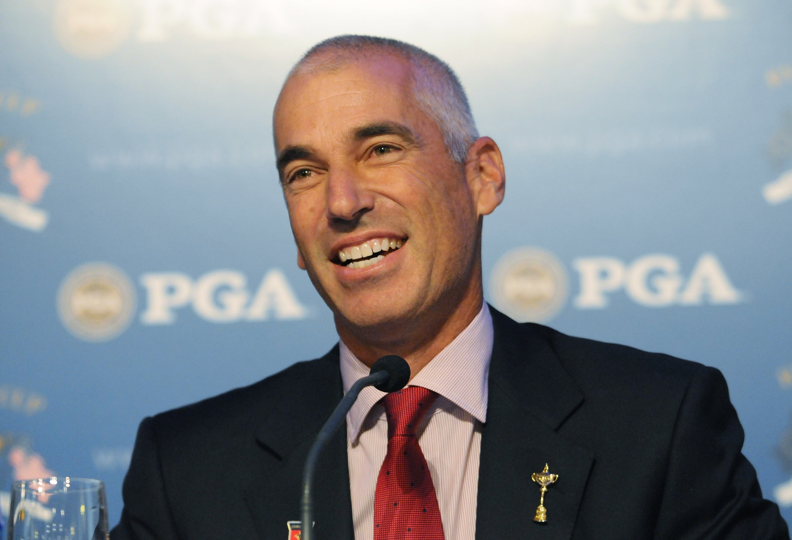 NEW YORK - SEPTEMBER 7:  Corey Pavin, team captain of the 2010 USA Ryder Cup, speaks during a news conference to announce the four captain's picks to complete the team at the New York Stock Exchange on September 7, 2010 in New York City. (Photo by Jonatha